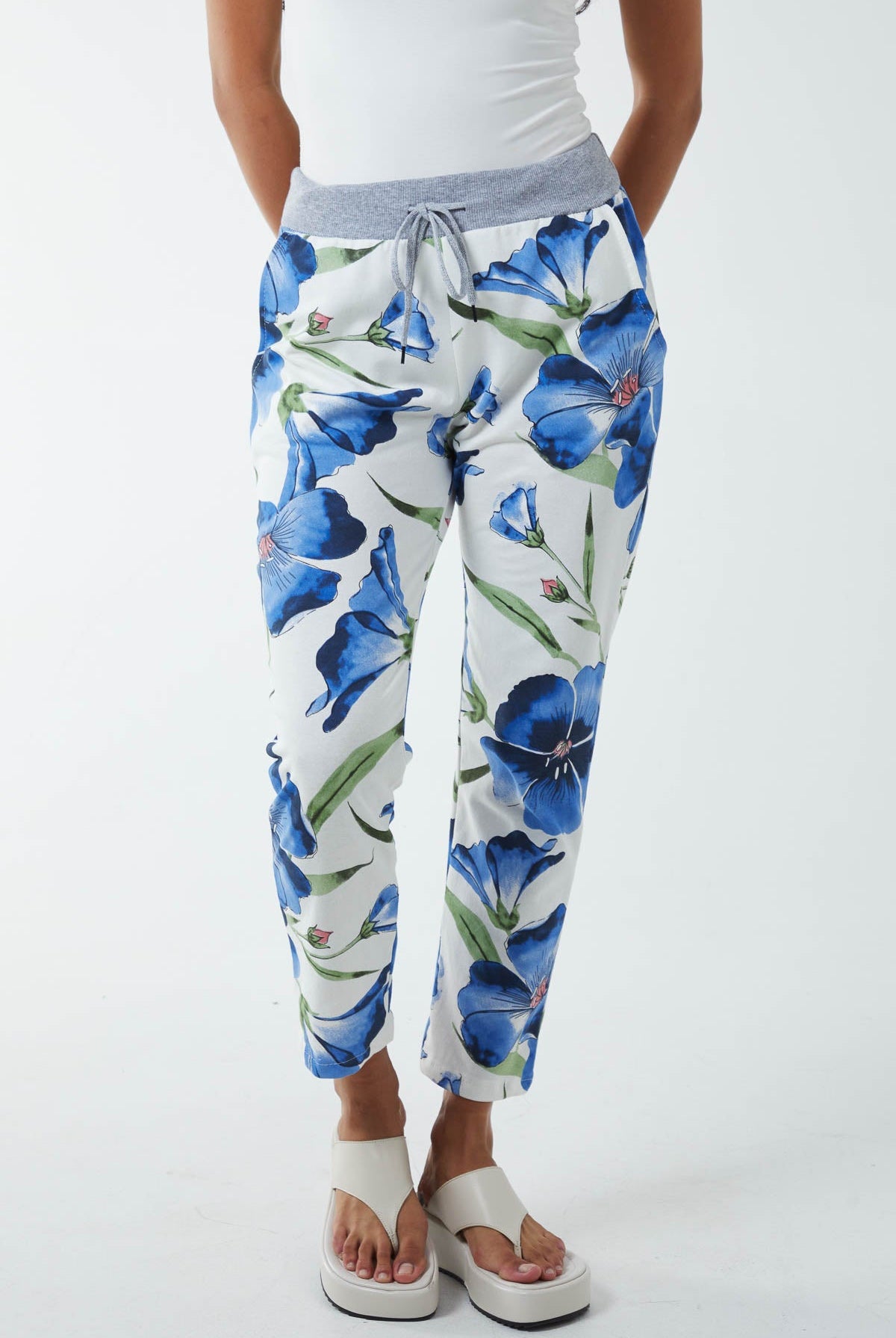 Hawaiian Flower Contrast Waist Trousers Trousers WearAll Royal Blue One Size
