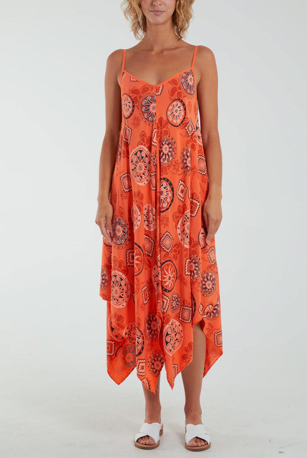 Geometric Tribal Hanky Hem Cami Dress Dresses WearAll Orange One Size