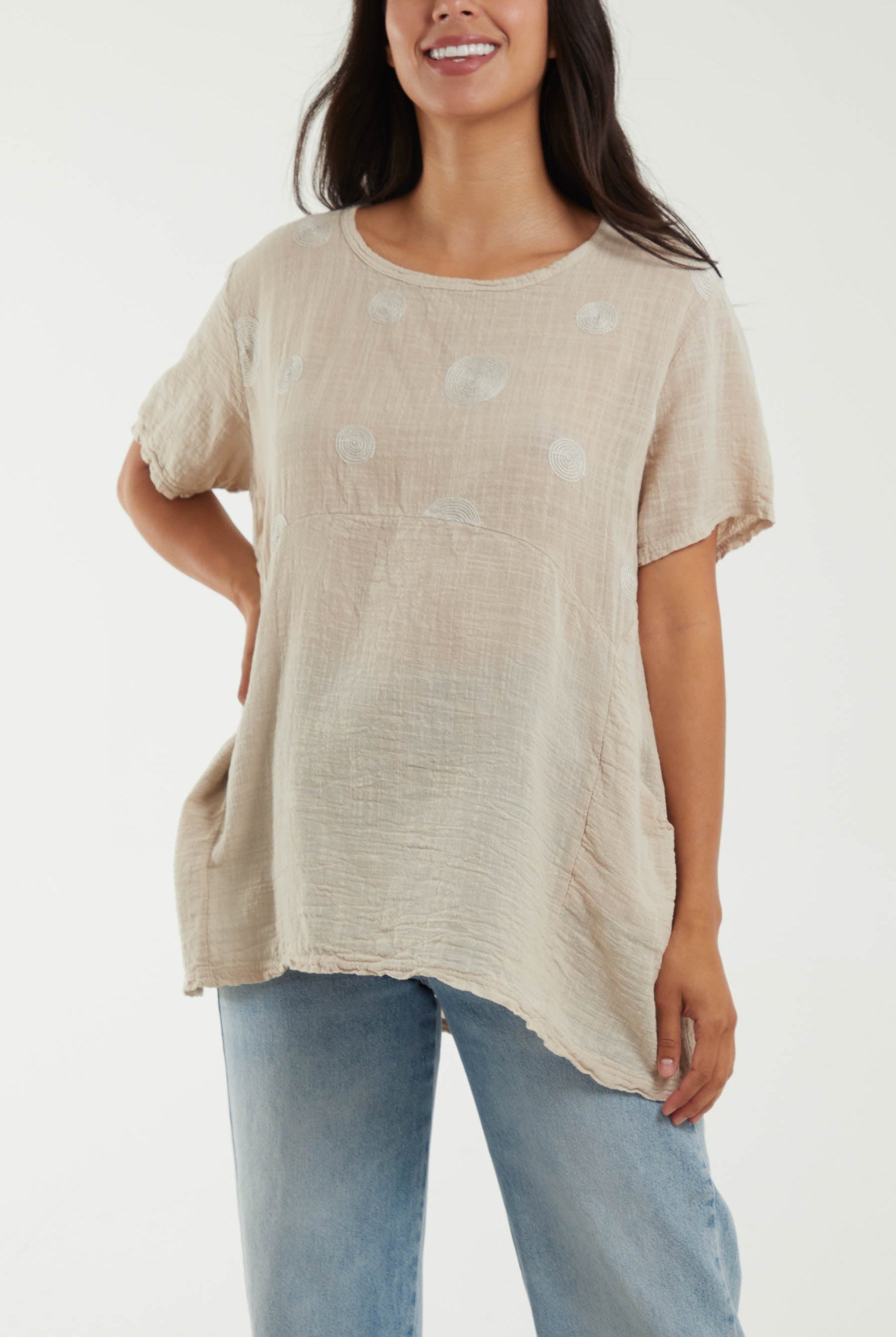 Embroidery Spirals Pocket Top Tops WearAll Stone One Size
