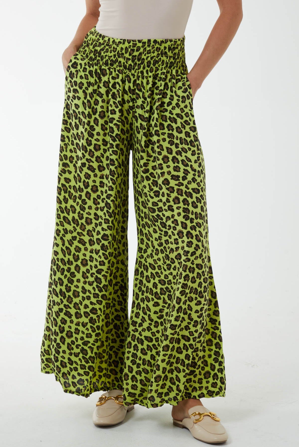 Leopard Print Ruched Waist Wide Leg Trousers TRS1 WearAll Lime One Size