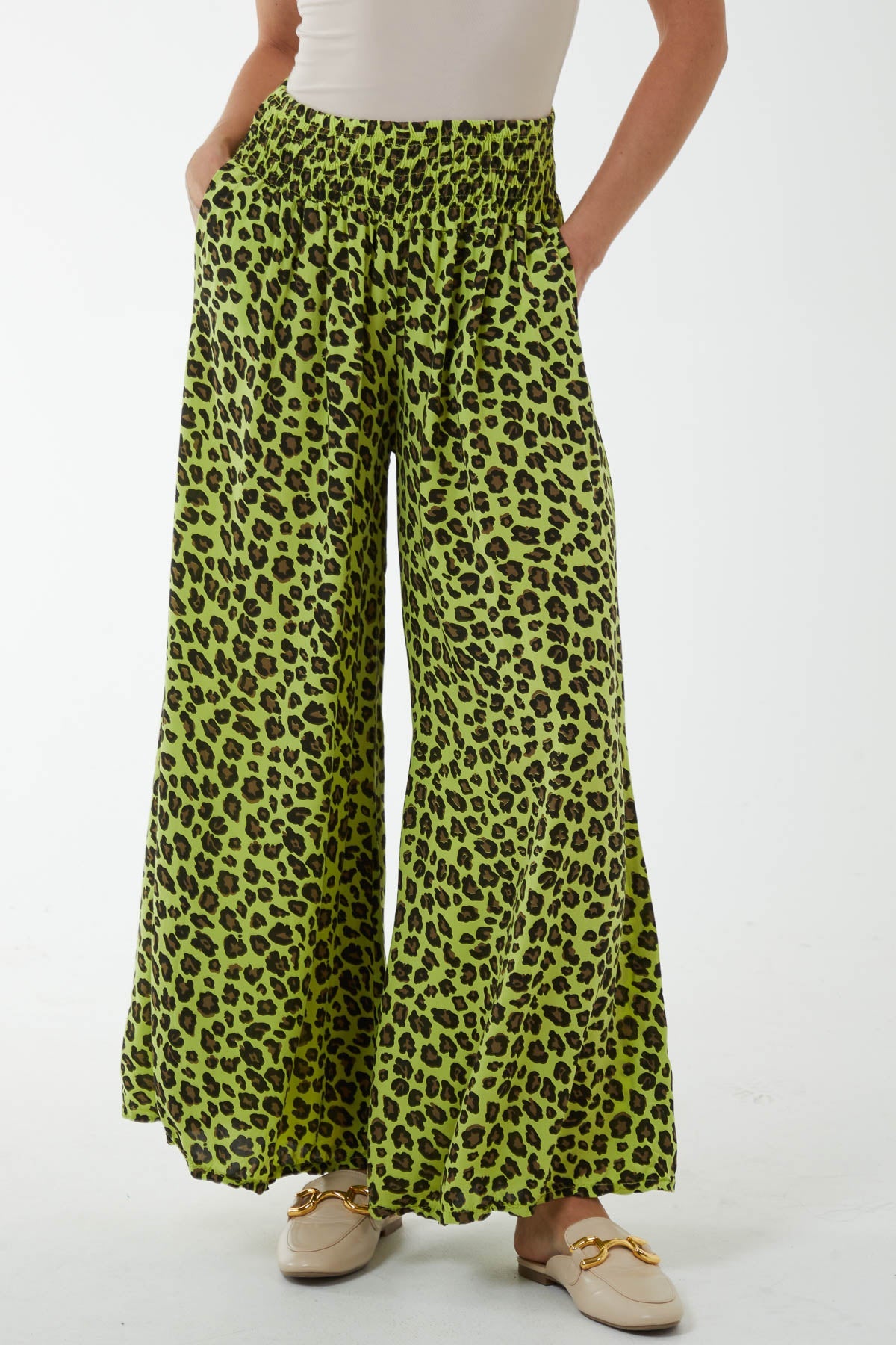 Leopard Print Ruched Waist Wide Leg Trousers TRS1 WearAll Lime One Size