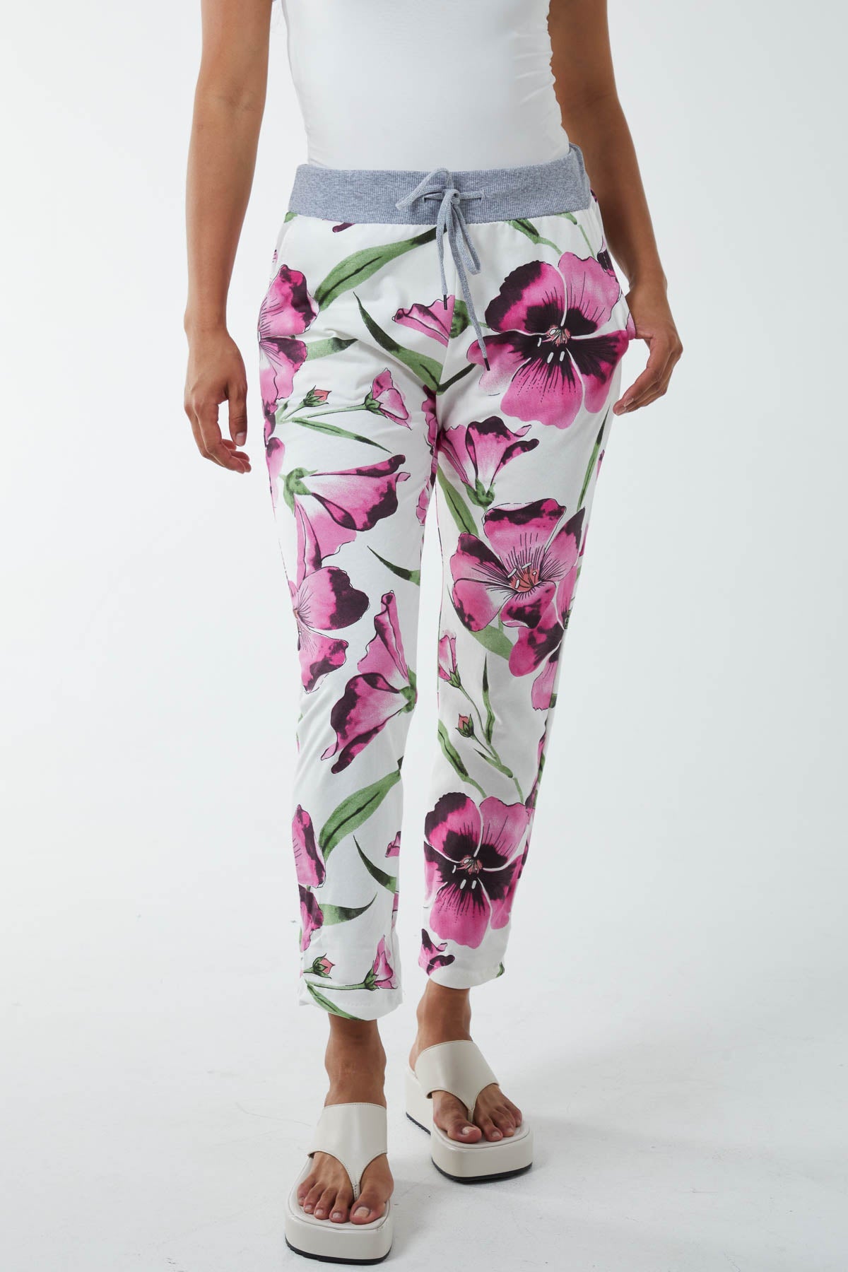 Hawaiian Flower Contrast Waist Trousers Trousers WearAll Hot Pink One Size