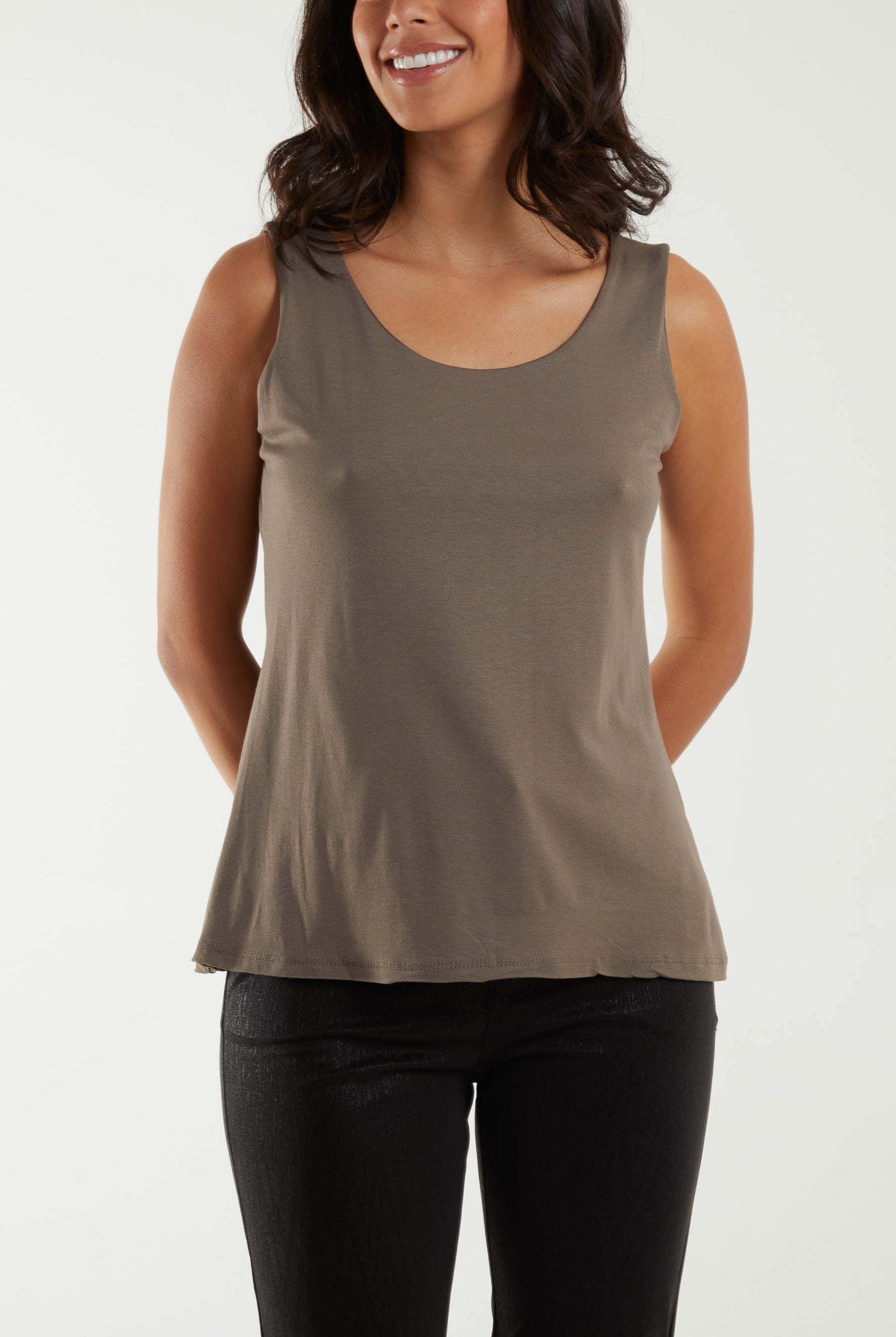 Double Layer Scoop Neck Plain Vest TOPMF2 WearAll Brown One Size