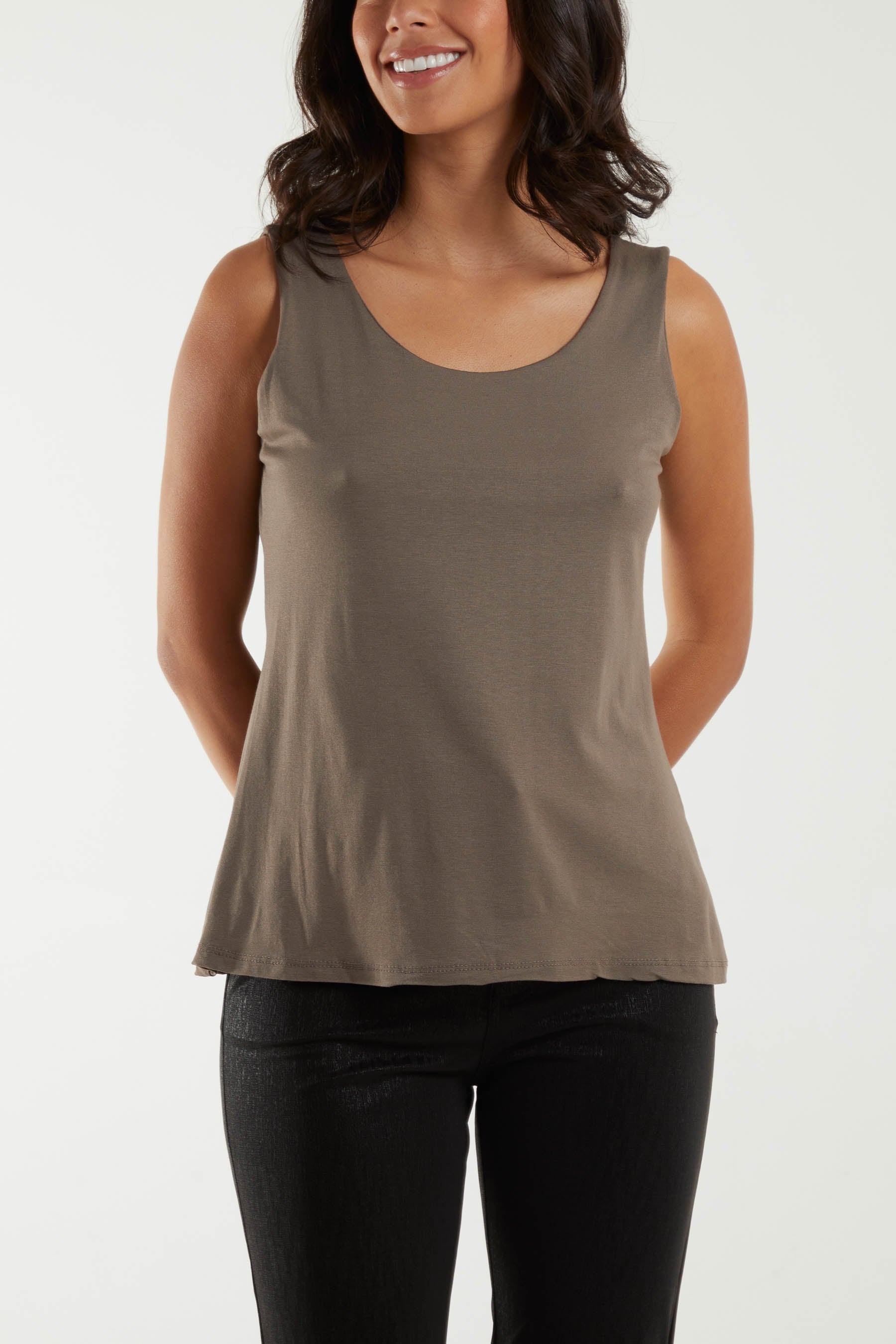 Double Layer Scoop Neck Plain Vest TOPMF2 WearAll Brown One Size