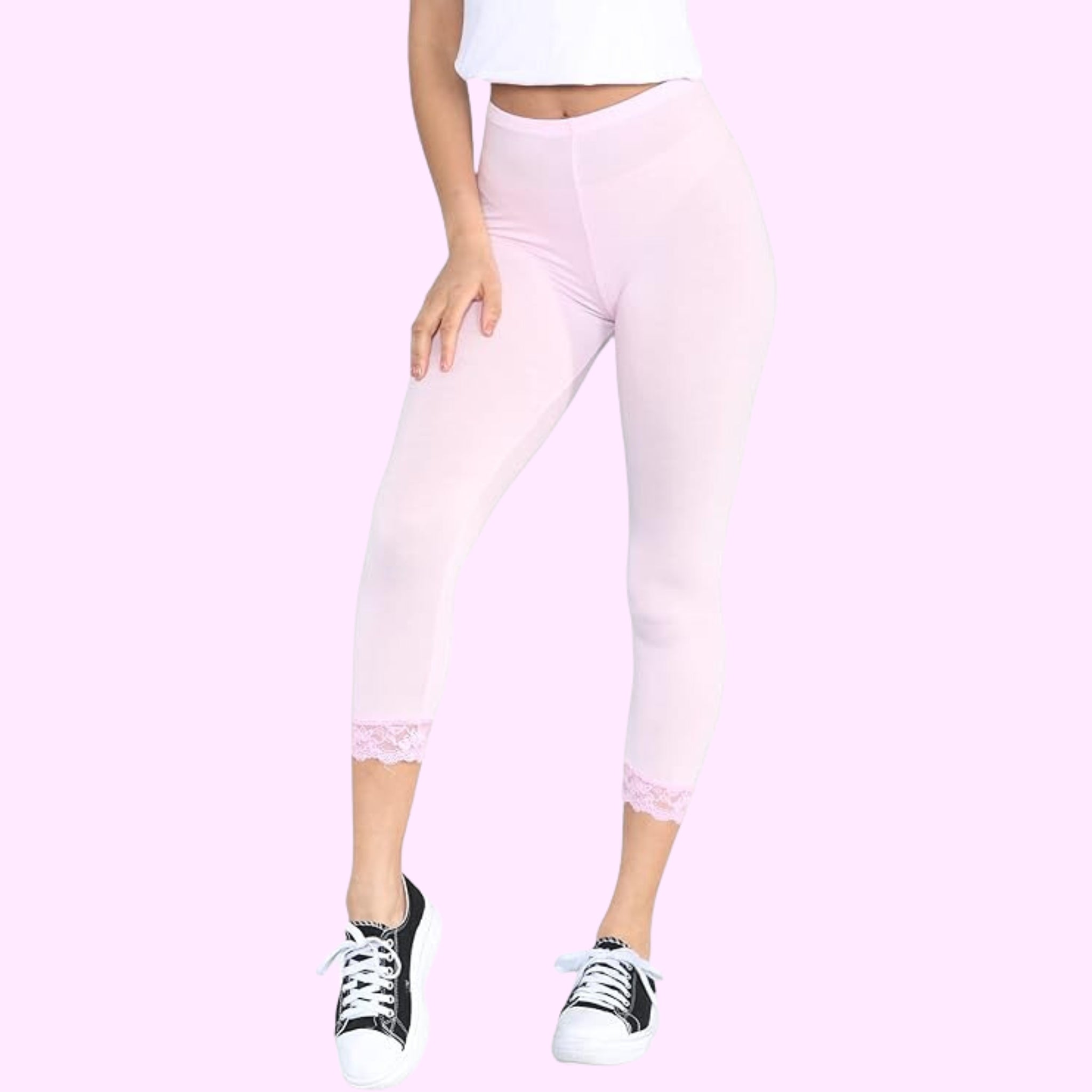 Capri 3/4 Lace Trim Leggings Leggings WearAll Baby Pink 8-10
