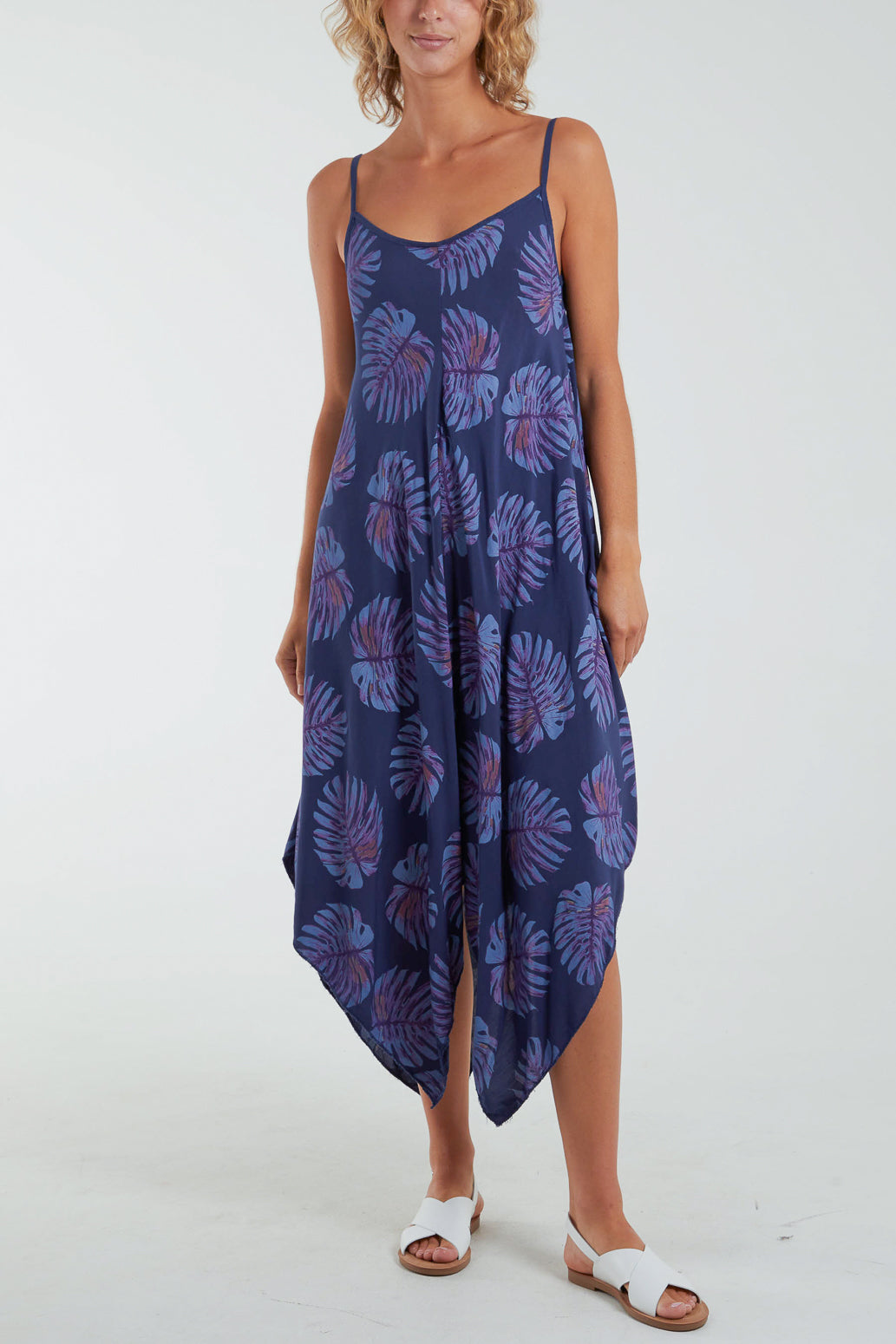 Palm Leaves Hanky Hem Cami Dress Dresses WearAll Navy One Size