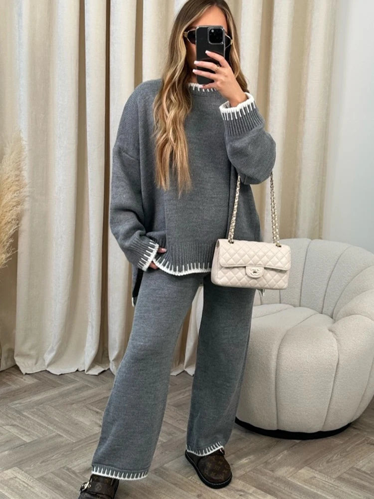 Loungewear Wavy Edge Round Neck Pullover & Wide Leg Pants Co-ord Loungewear WearAll