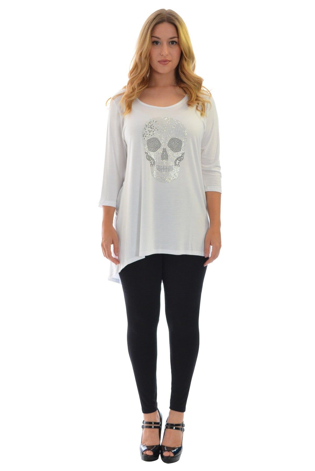 Skull Tail Back Dip Hem Scoop Top Tops WearAll
