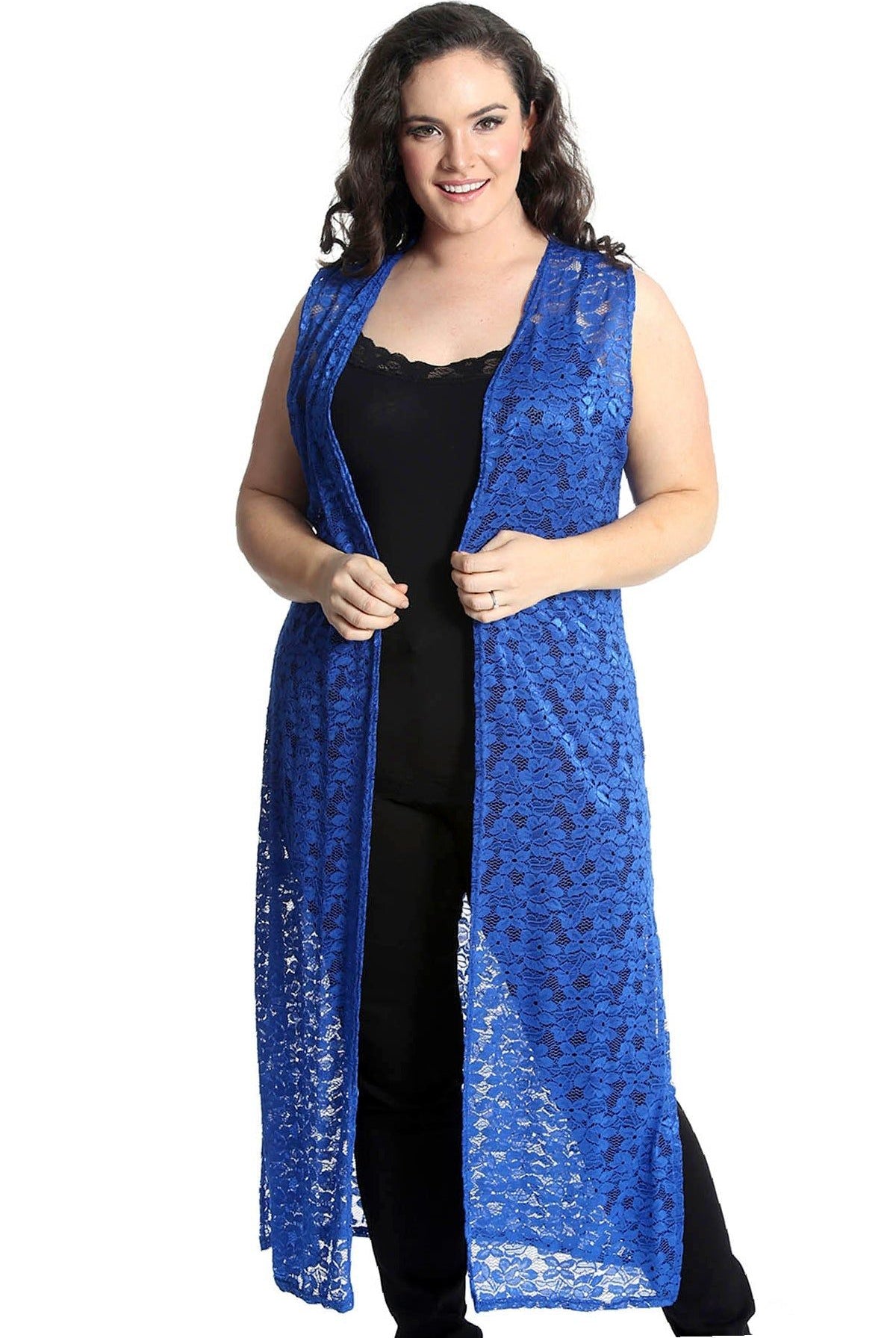 Floral Lace Open Top Long Cardigan Tops WearAll Royal Blue 14