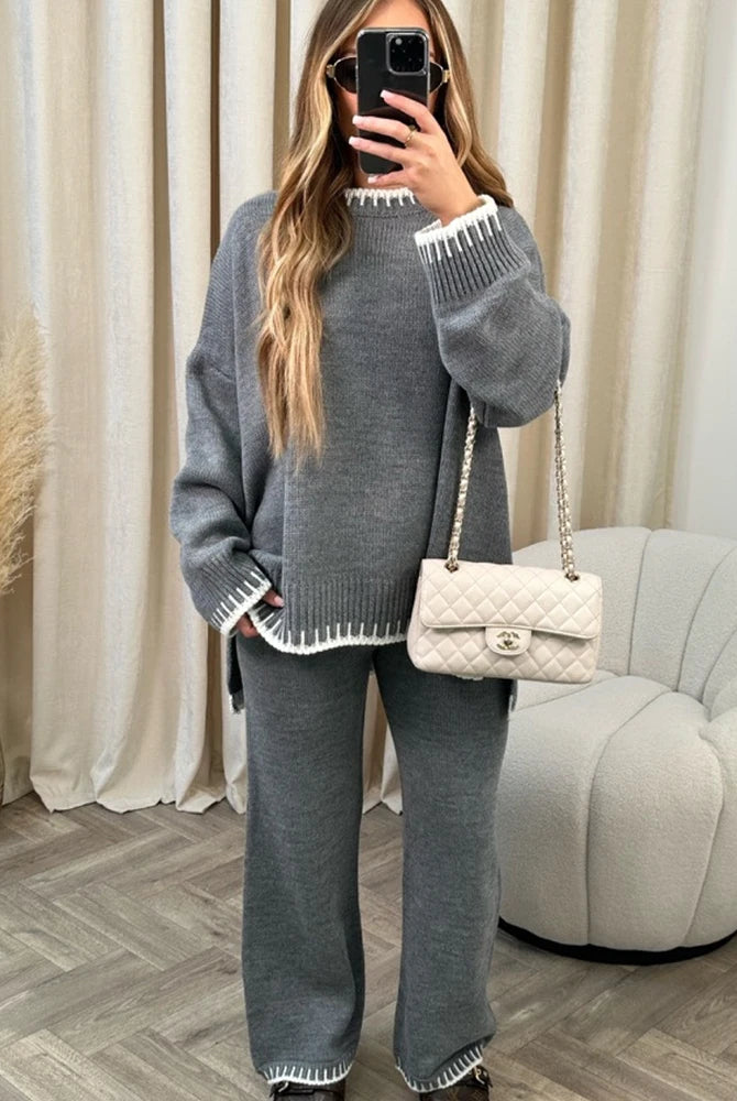 Loungewear Wavy Edge Round Neck Pullover & Wide Leg Pants Co-ord Loungewear WearAll Charcoal S