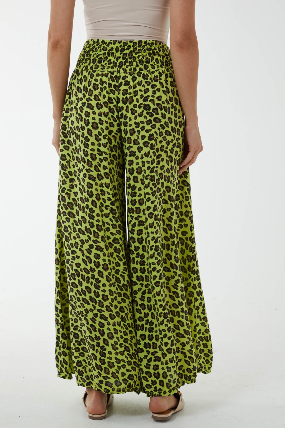 Leopard Print Ruched Waist Wide Leg Trousers TRS1 WearAll