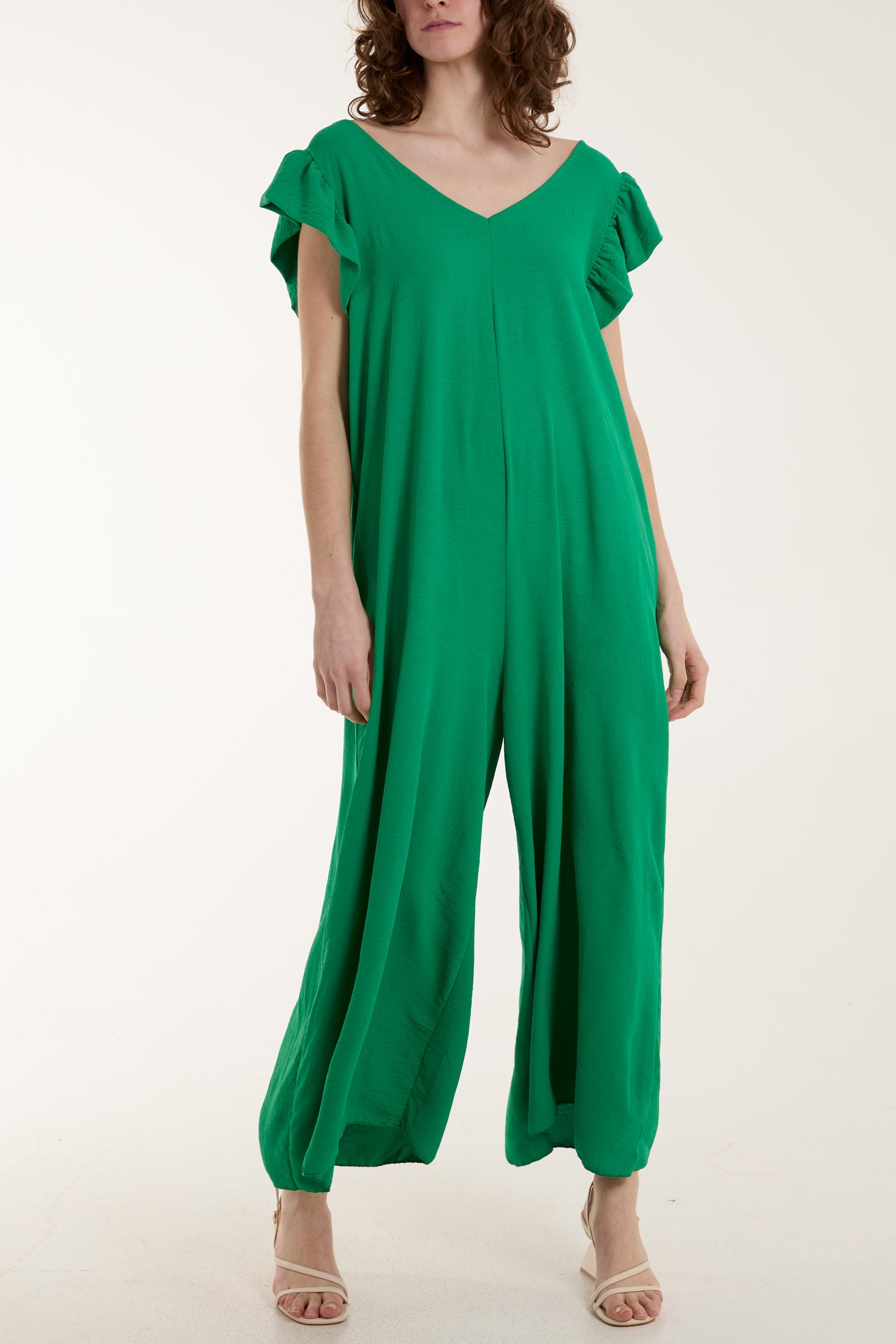 Ruffle Sleeve Wide Leg Jumpsuit Jumpsuits WearAll Jade One Size