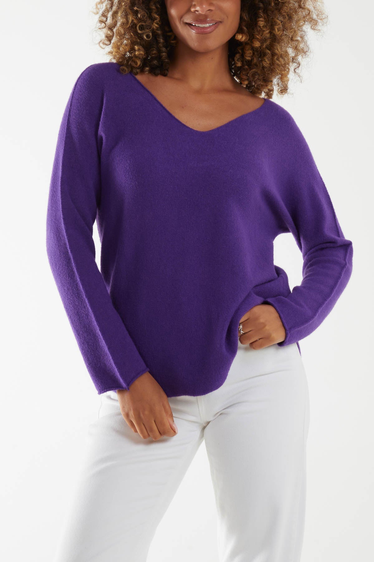 Raw Edge V-Neck Jumper TOPMF2 WearAll Purple One Size