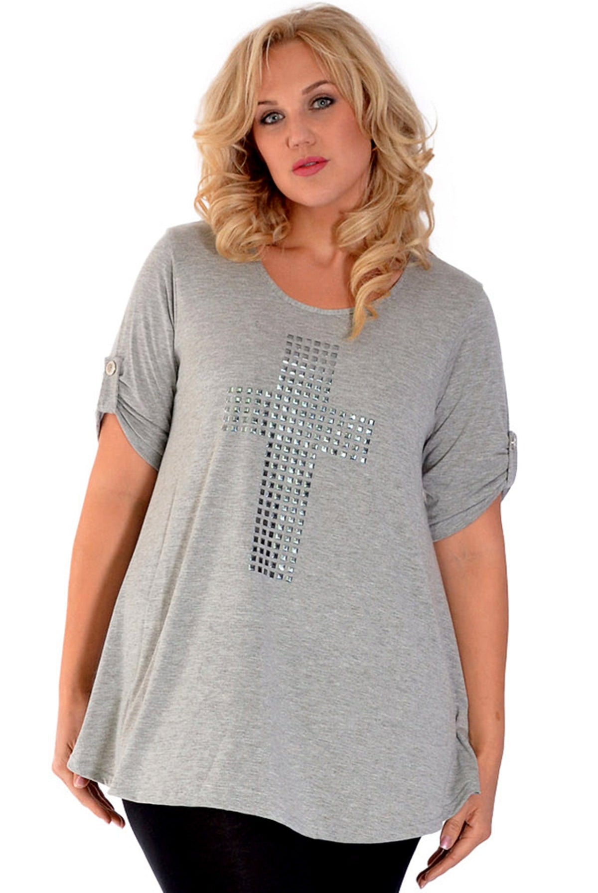 Cross Stud Short Sleeve Tunic Top Tops WearAll Light grey 14