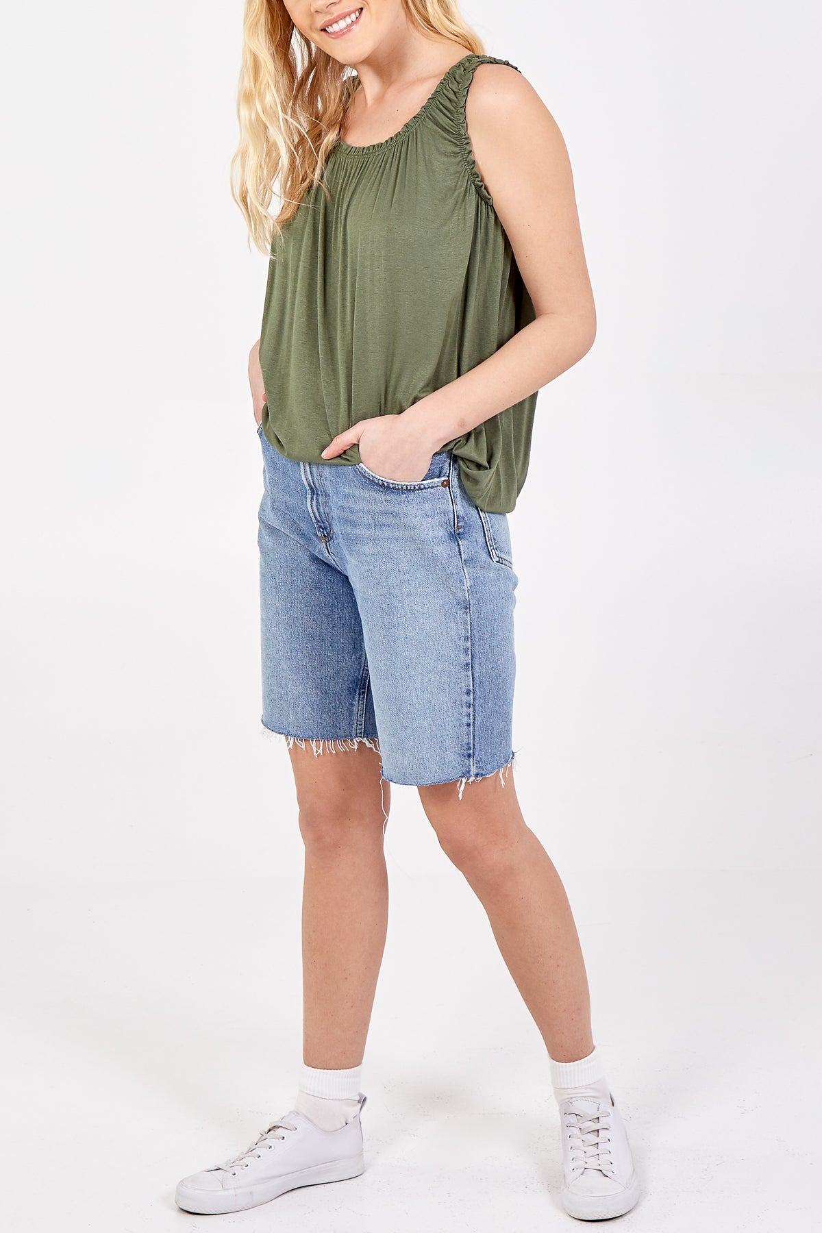 Balloon Ruffle Neck Vest TOPMF2 WearAll Khaki One Size