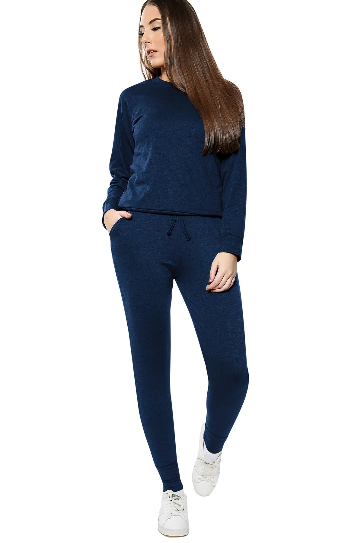 Long Sleeved Plain Lounge Wear Two Piece Loungewear WearAll Navy 16-18