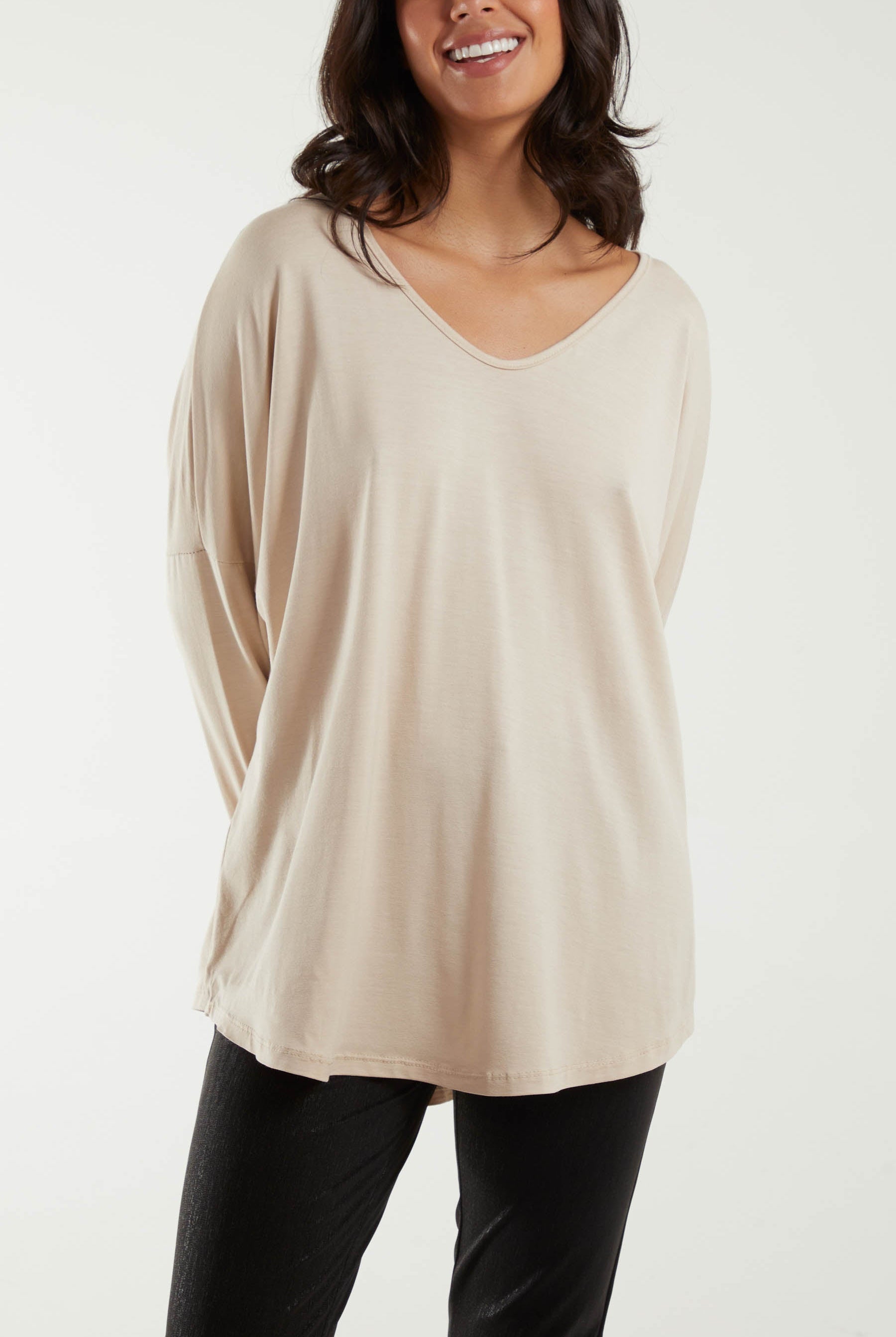 High Low Curved Hem Long Sleeve Top TOPMF2 WearAll Beige One Size