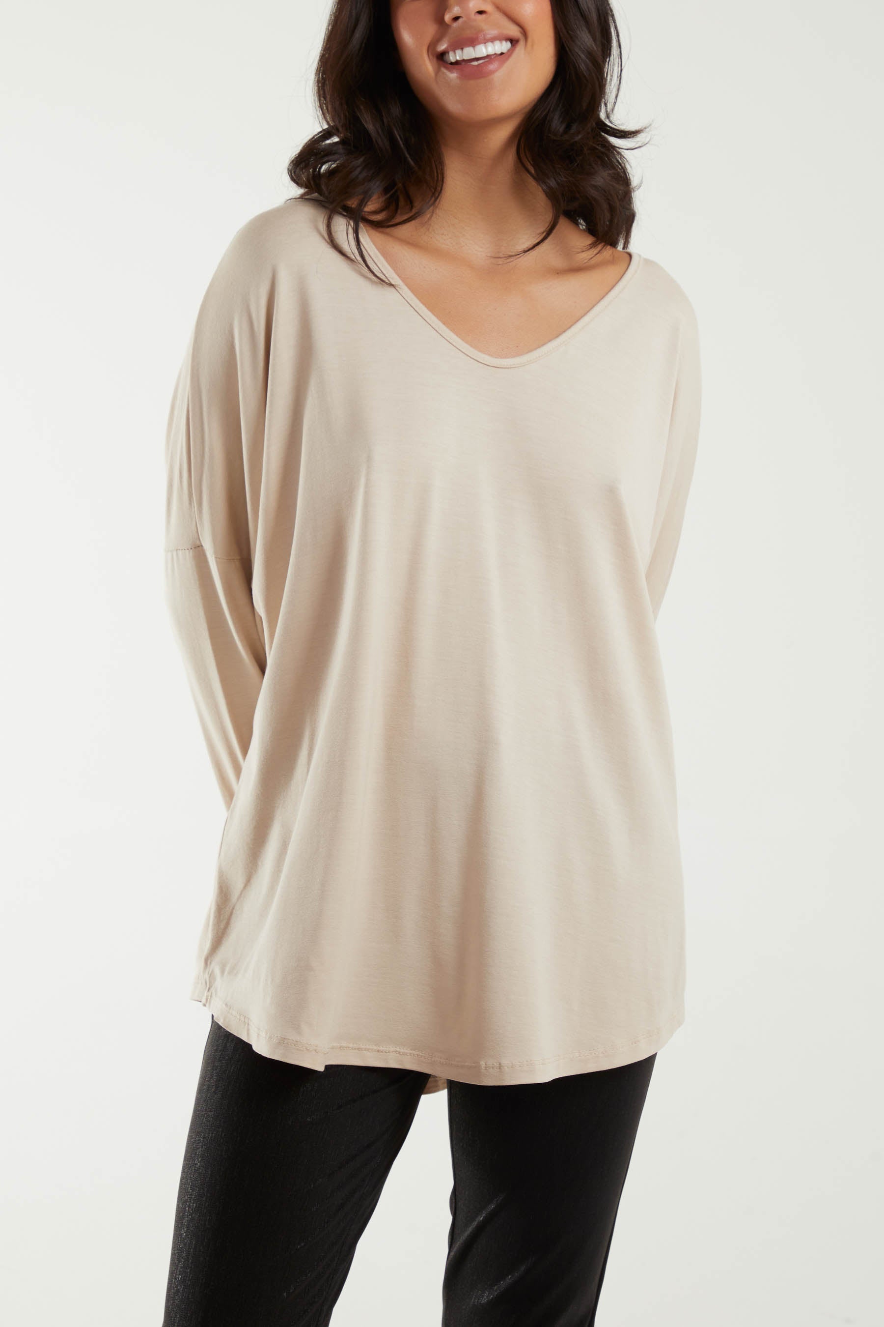 High Low Curved Hem Long Sleeve Top TOPMF2 WearAll Beige One Size