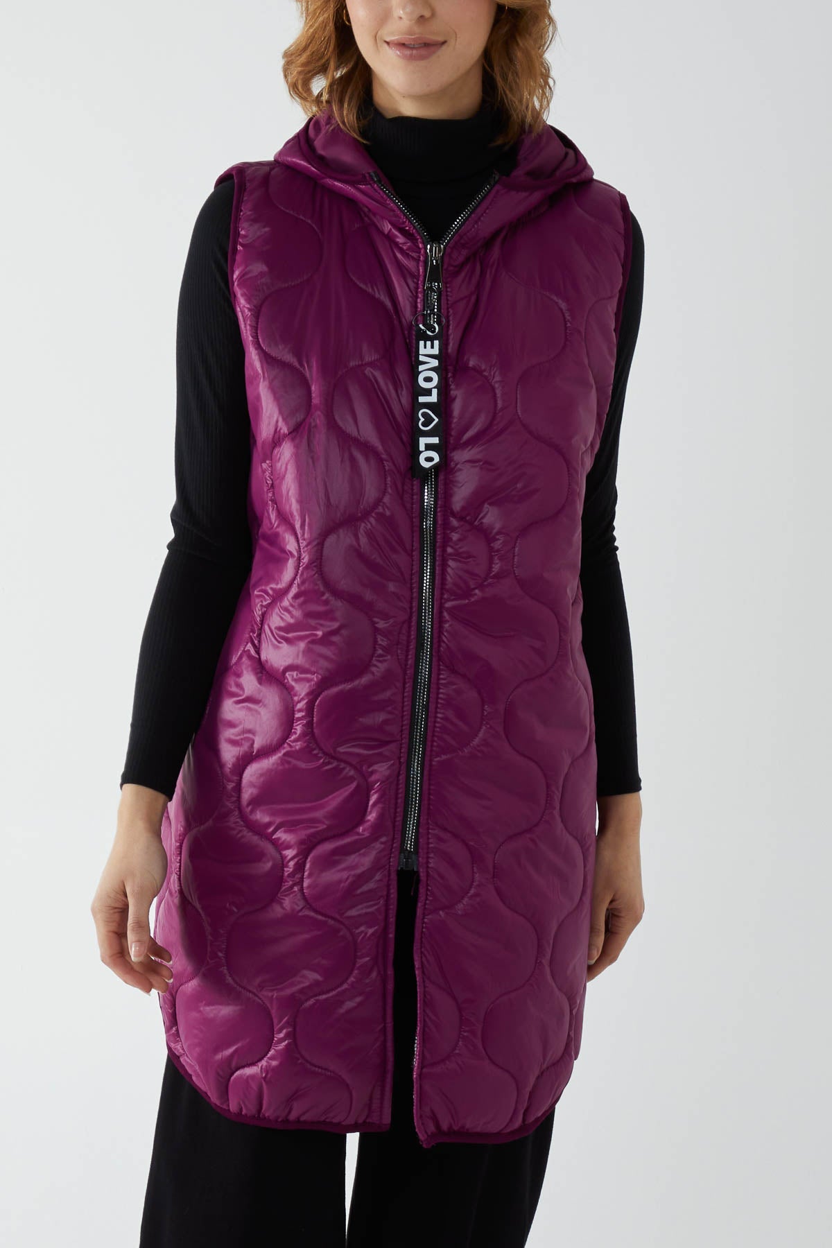 "Love" Zip Up Hooded Puffer Gillet JK1 WearAll Purple One Size
