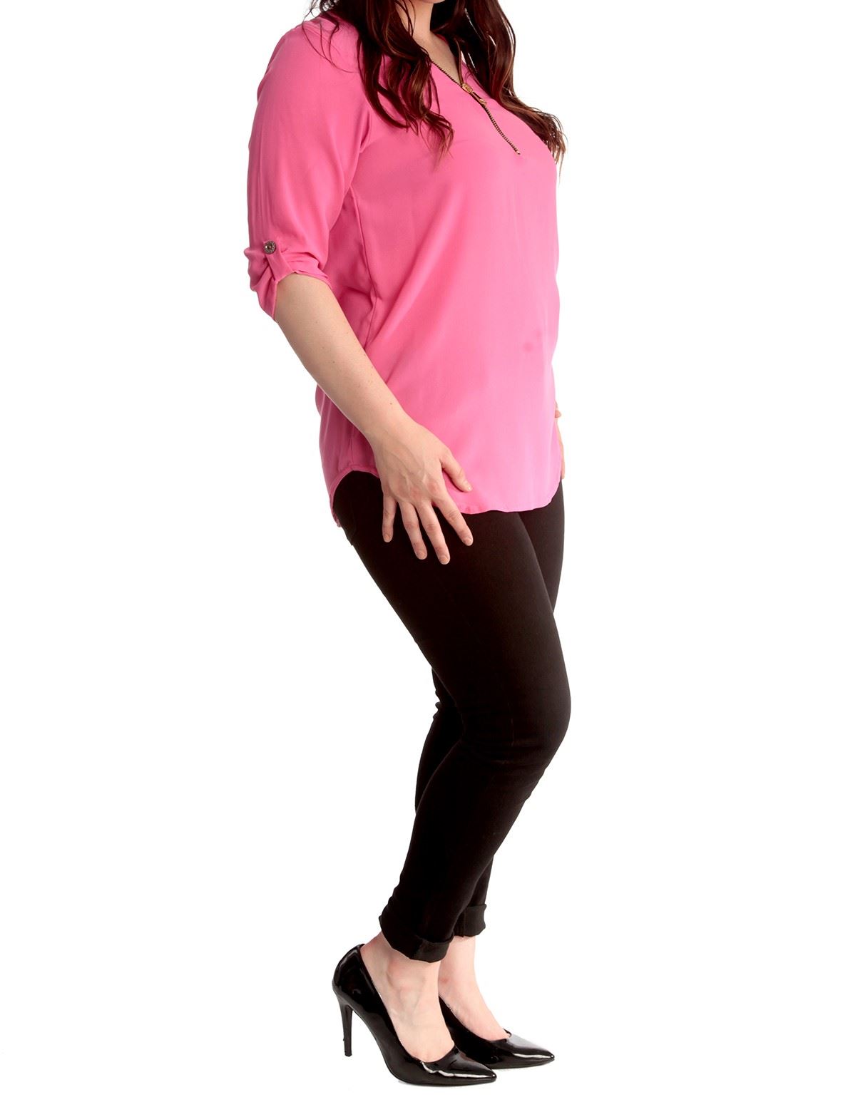 Curved Hem Crepe Top 3/4 Sleeve Plain Tops WearAll Pink 14