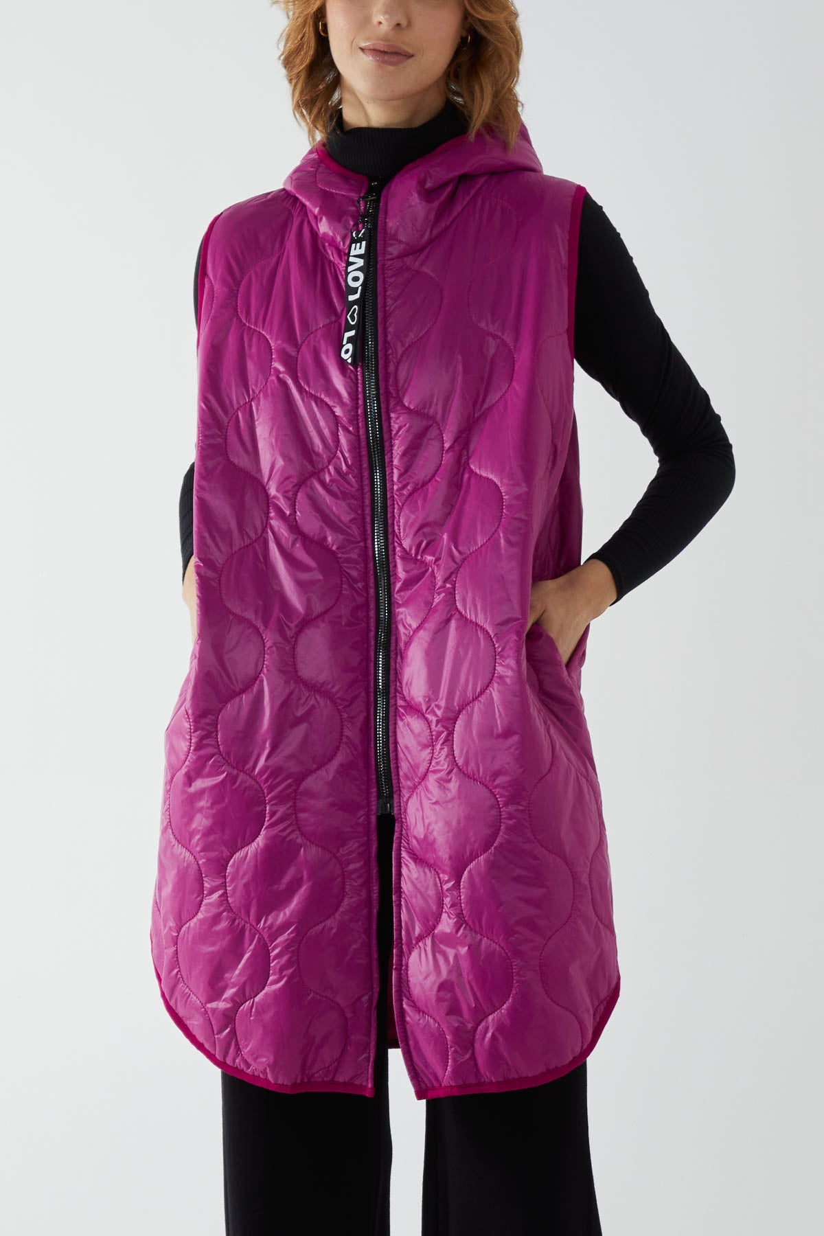 "Love" Zip Up Hooded Puffer Gillet JK1 WearAll Fuchsia One Size