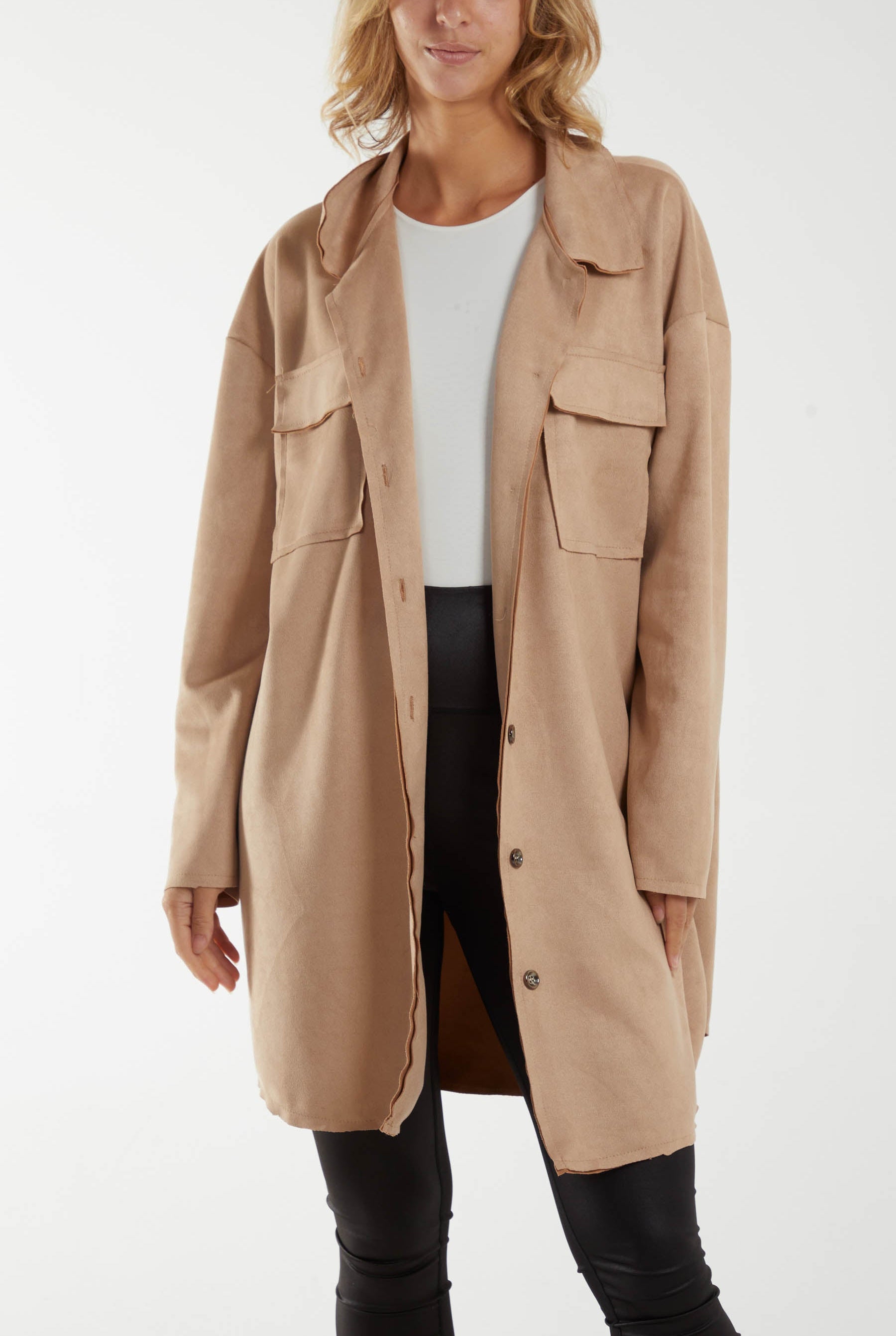 Two Pocket Utility Suede Shacket Jackets WearAll Camel One Size