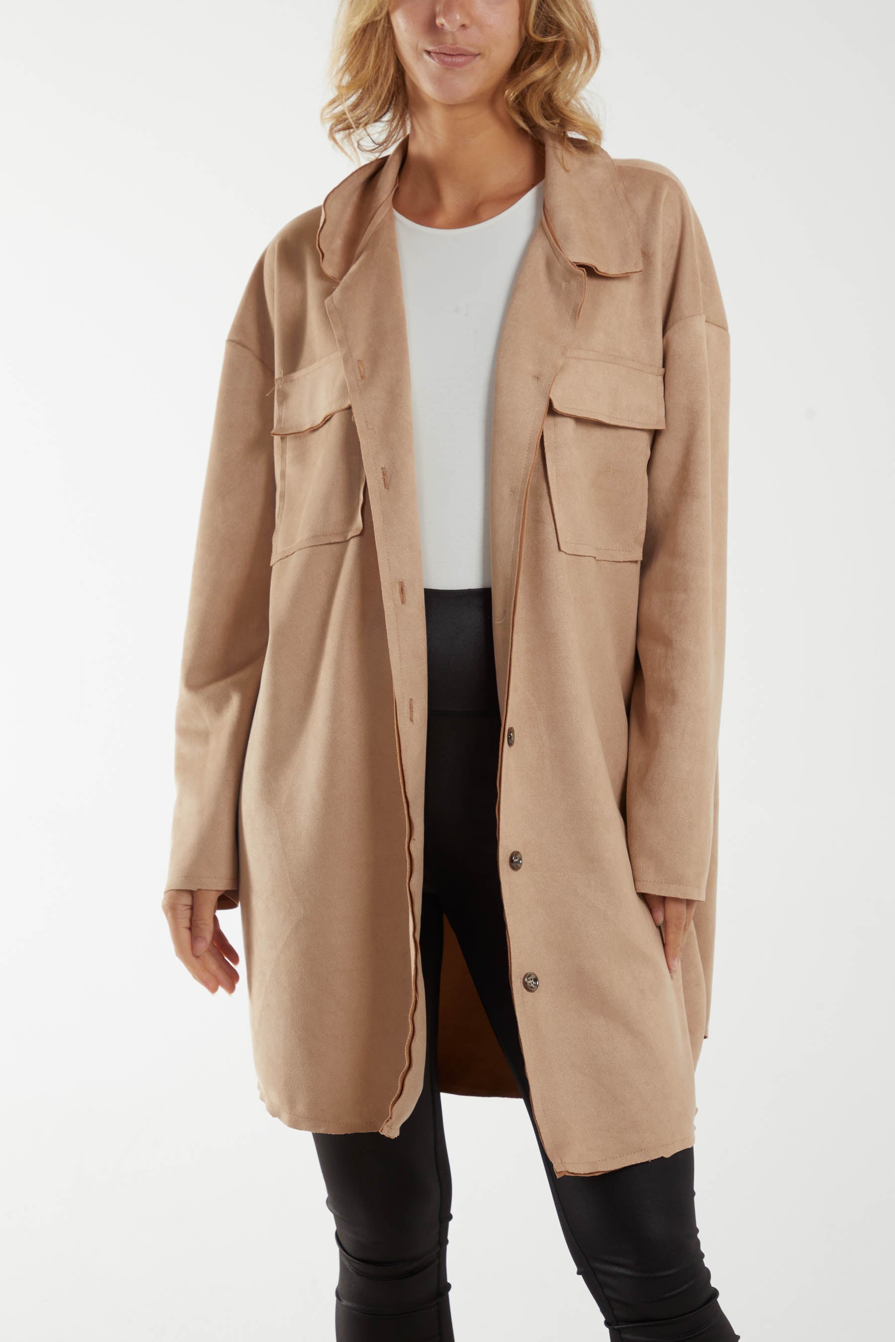 Two Pocket Utility Suede Shacket Jackets WearAll Camel One Size