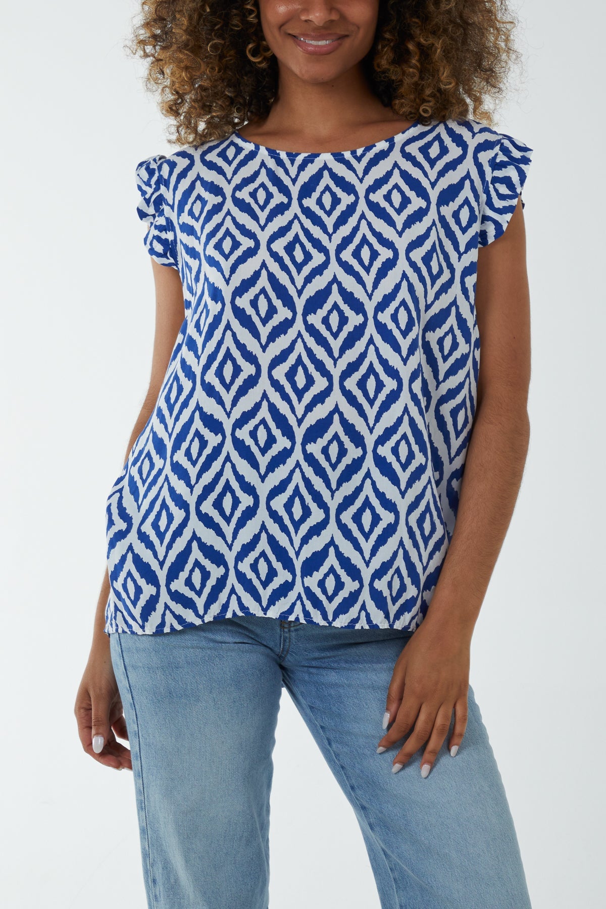 Geometric Print Frill Sleeve Top Blouses WearAll Royal Blue One Size
