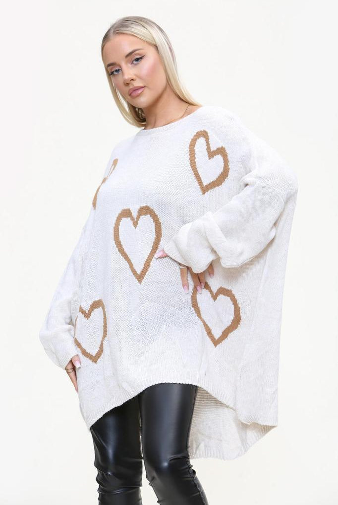 Heart Print Oversized Jumper Jumper & Cardigan WearAll White 12-24