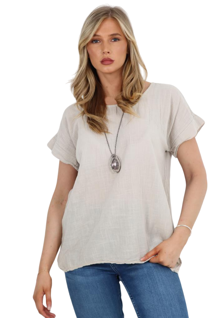 Italian Short Sleeve Necklace Top Tops WearAll Beige 8-10