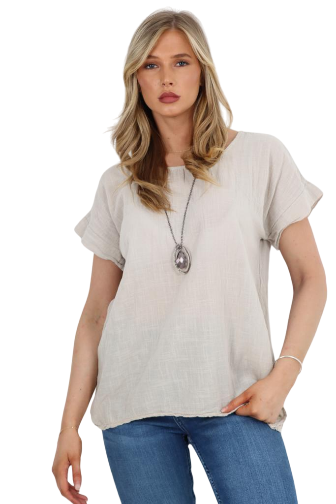 Italian Short Sleeve Necklace Top Tops WearAll Beige 8-10