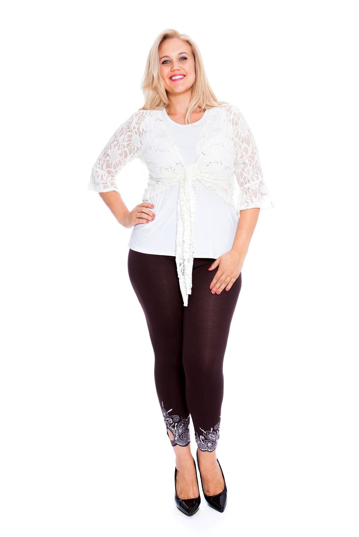 Sequin Lace Tie Up 3/4 Bell Sleeve Crochet Top Tops WearAll White 12-14