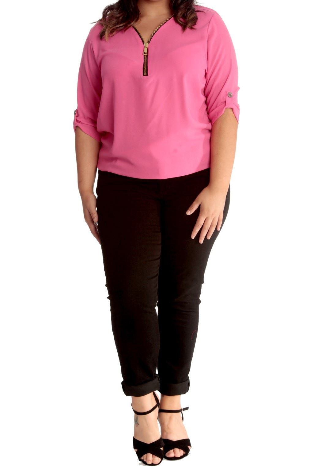 Curved Hem Crepe Top 3/4 Sleeve Plain Tops WearAll