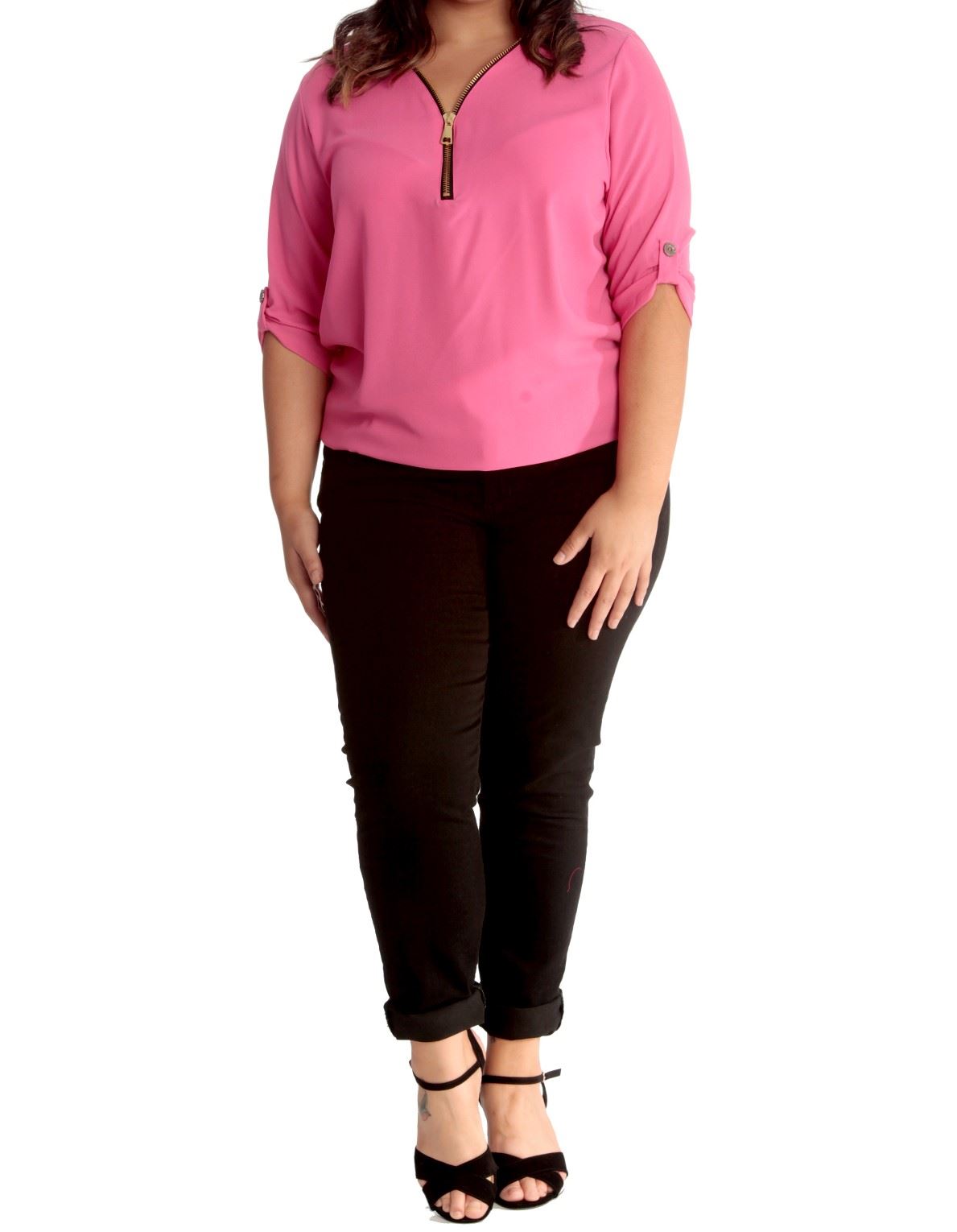 Curved Hem Crepe Top 3/4 Sleeve Plain Tops WearAll