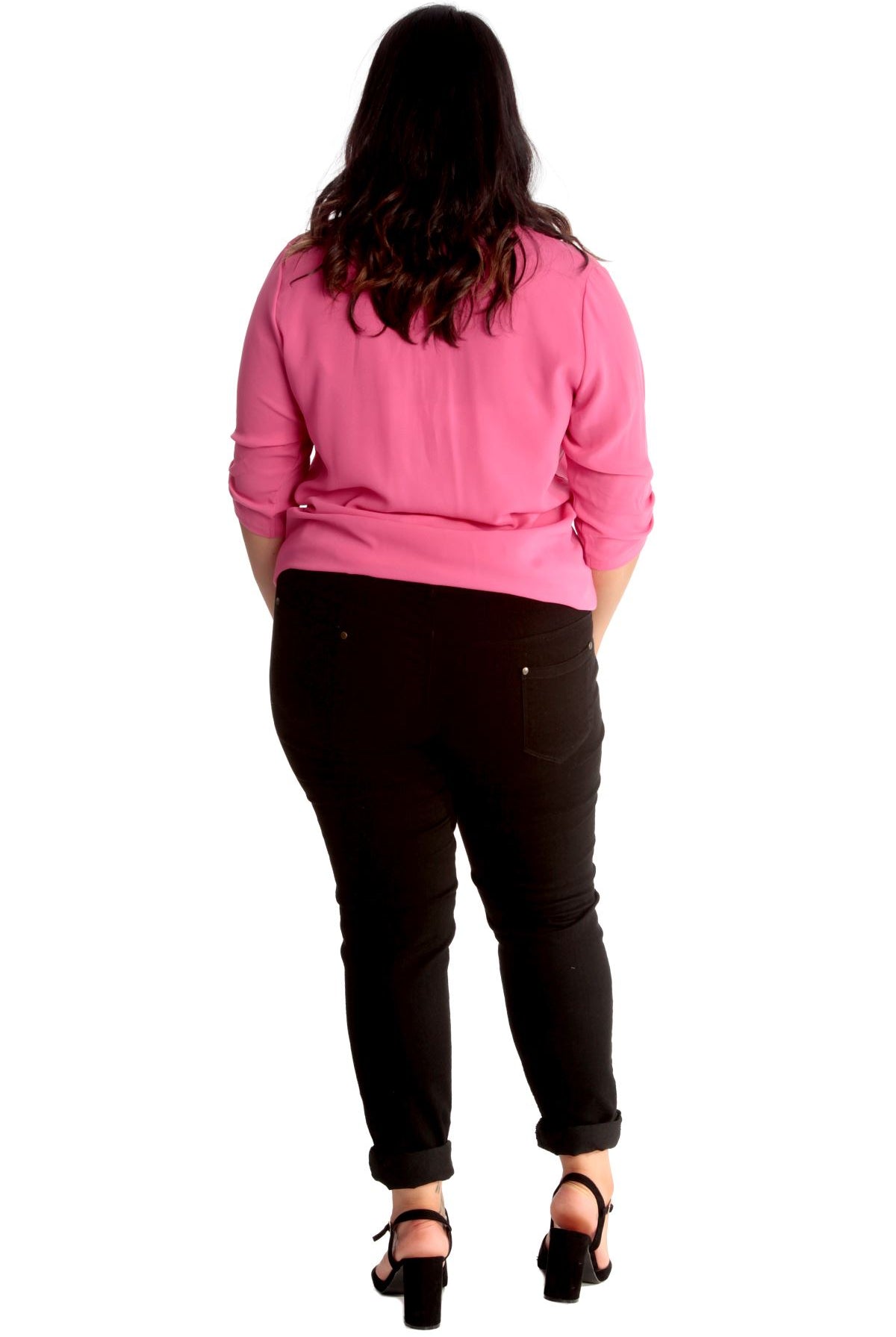 Curved Hem Crepe Top 3/4 Sleeve Plain Tops WearAll