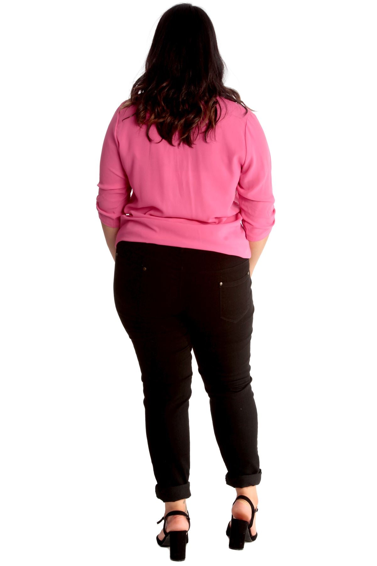 Curved Hem Crepe Top 3/4 Sleeve Plain Tops WearAll