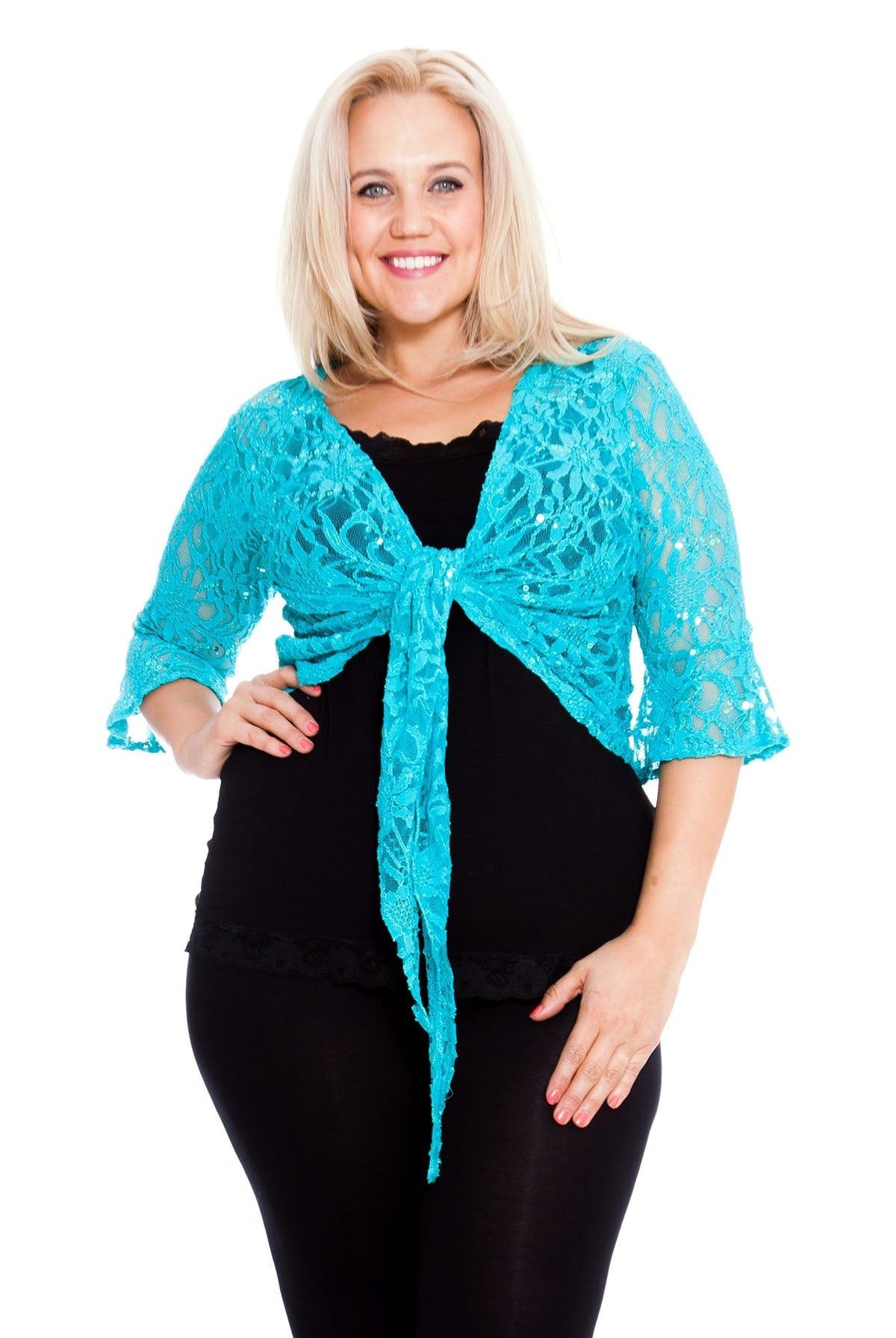 Sequin Lace Tie Up 3/4 Bell Sleeve Crochet Top Tops WearAll