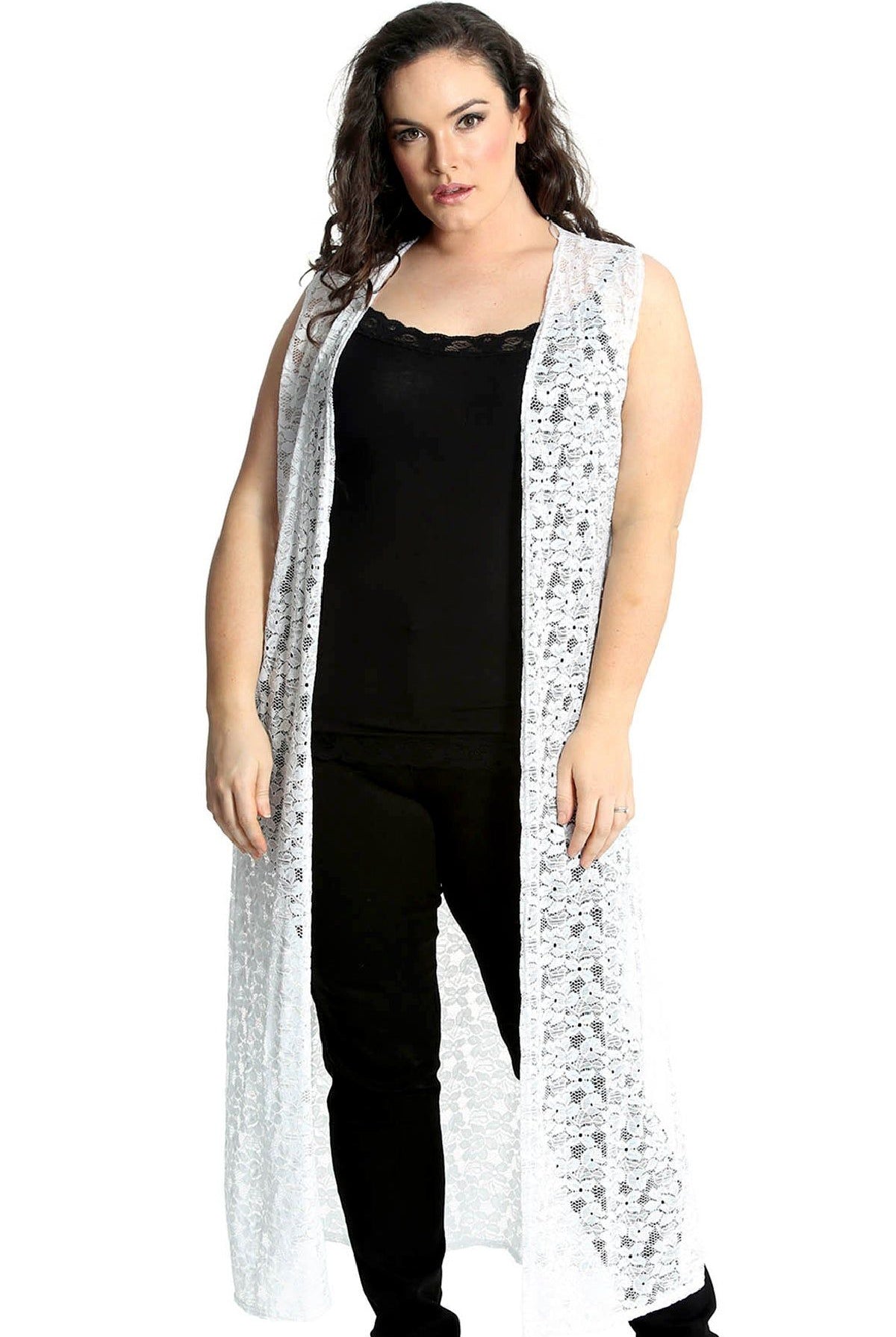 Floral Lace Open Top Long Cardigan Tops WearAll