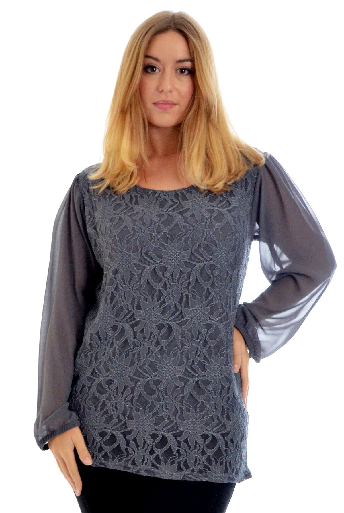 Lace Lined Sheer Sleeve Chiffon Tunic Top Tops WearAll