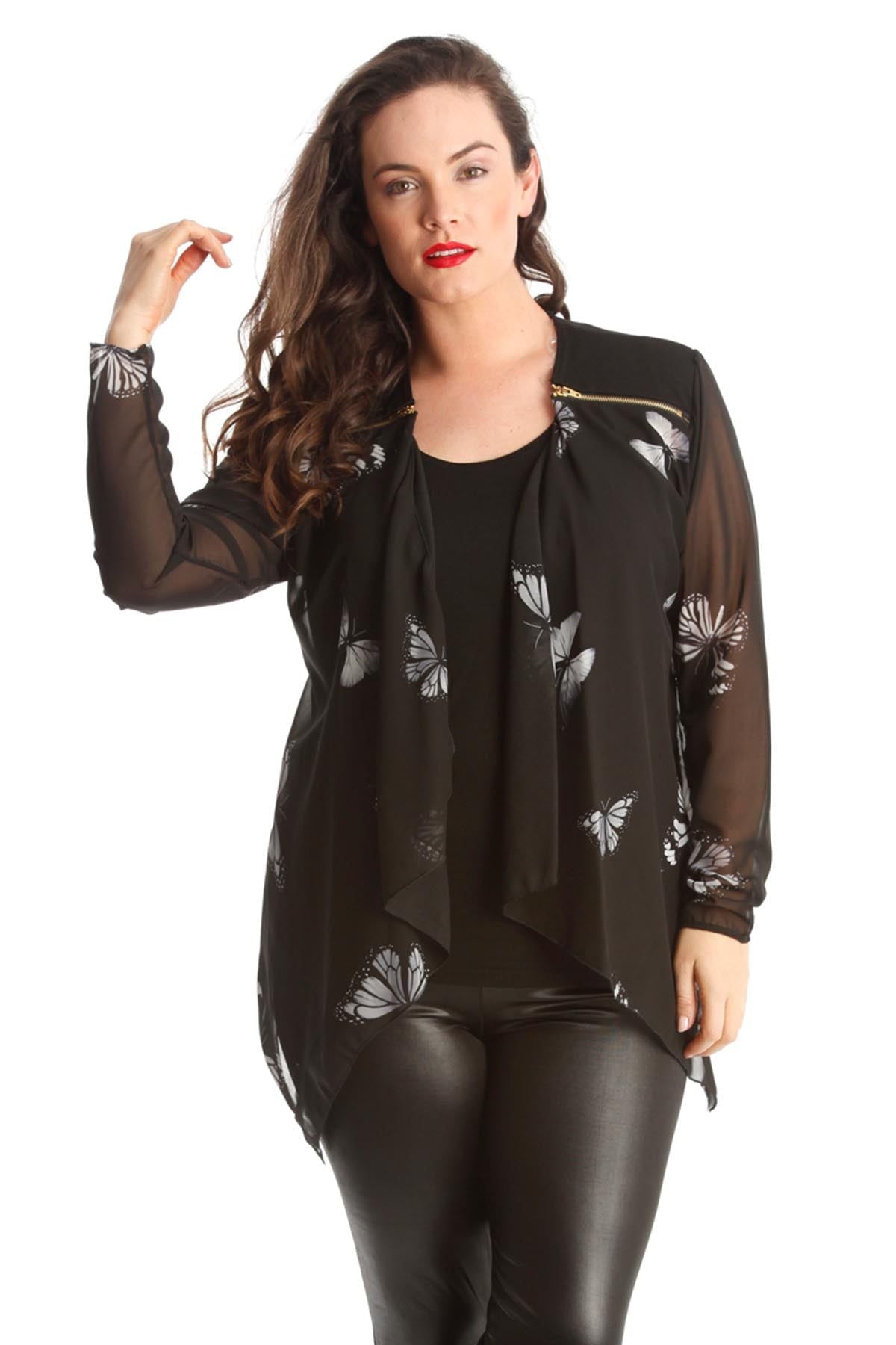 Chiffon Butterfly Print Sheer Cardigan Top cardigan WearAll Black 14