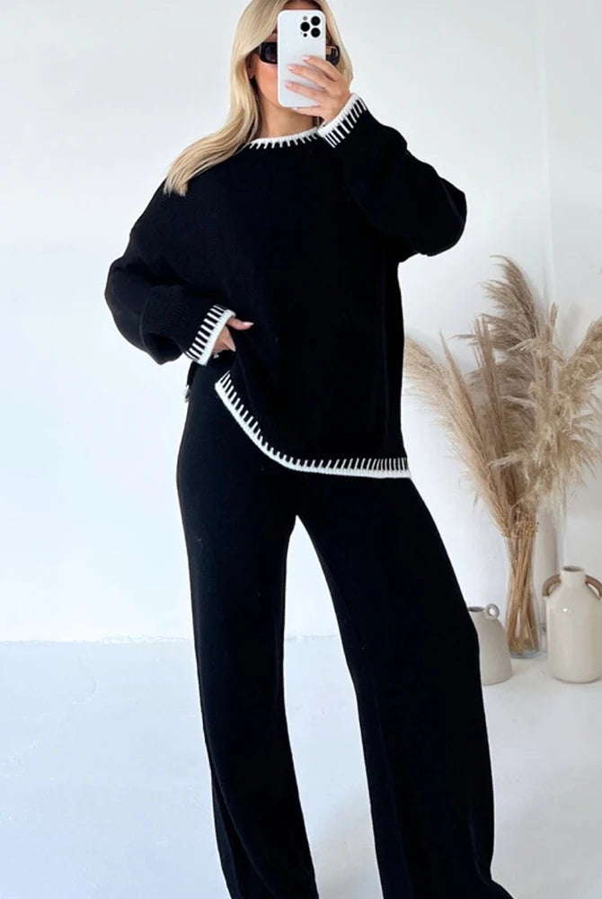 Loungewear Wavy Edge Round Neck Pullover & Wide Leg Pants Co-ord Loungewear WearAll Black S