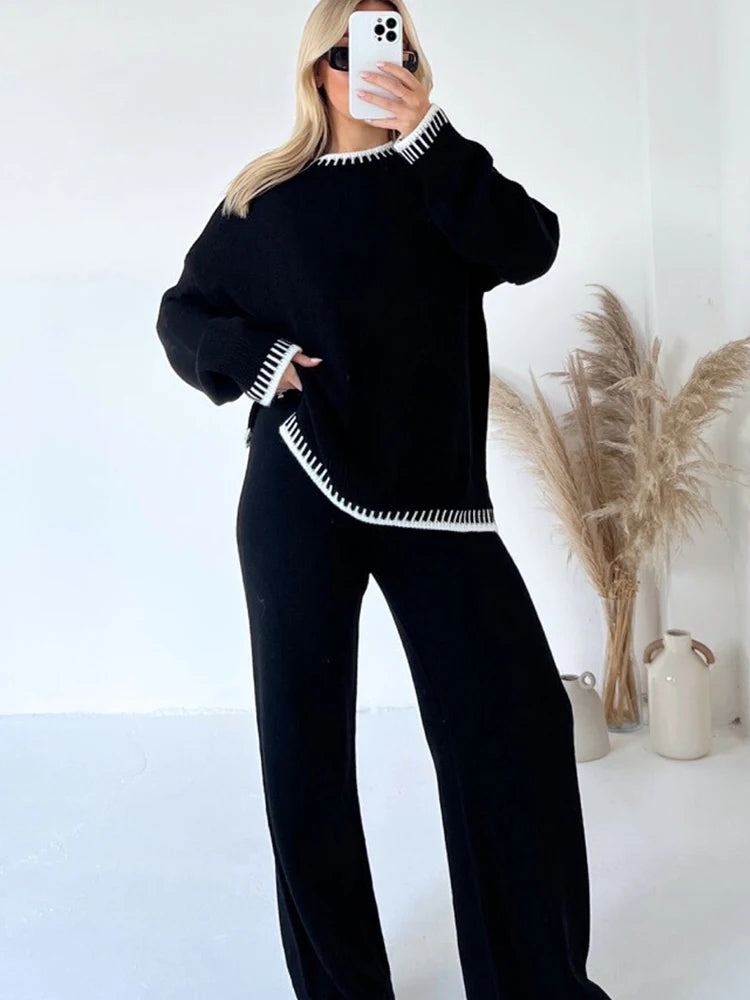 Loungewear Wavy Edge Round Neck Pullover & Wide Leg Pants Co-ord Loungewear WearAll Black S