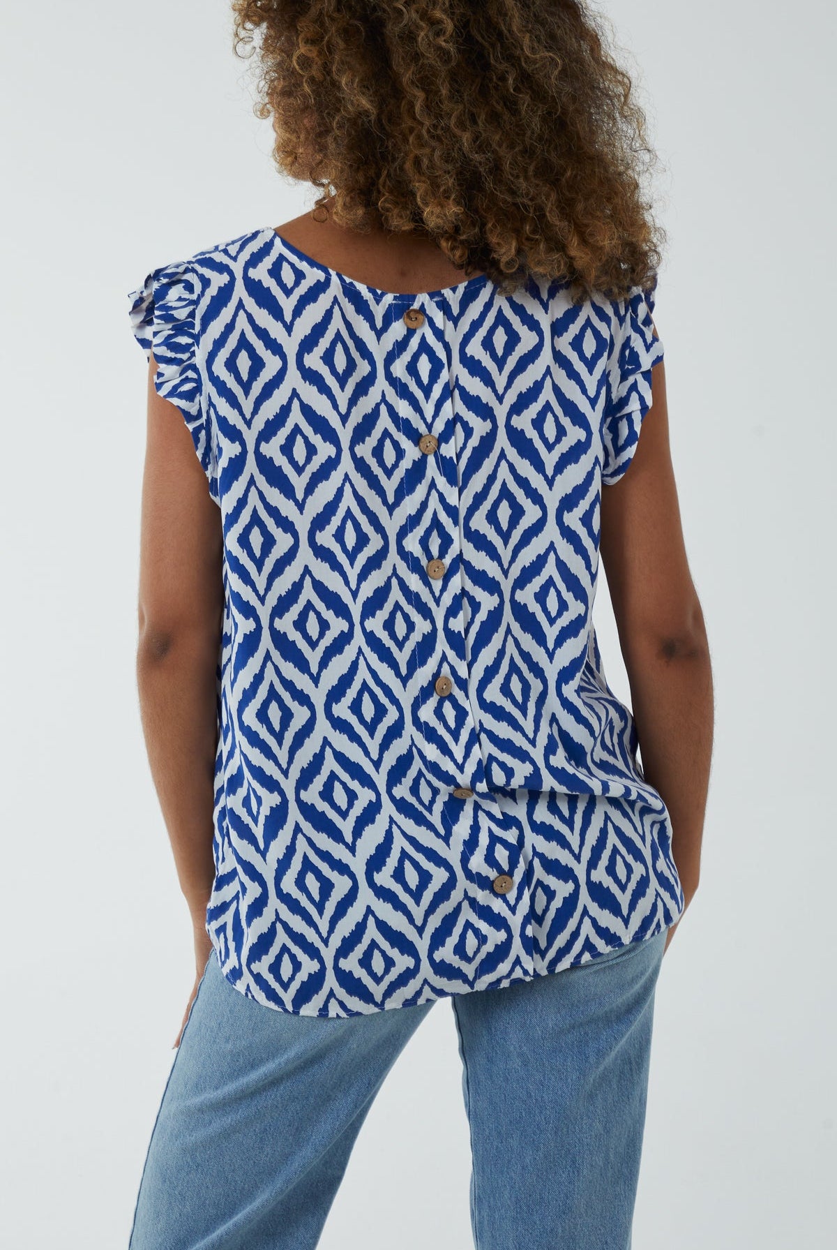 Geometric Print Frill Sleeve Top Blouses WearAll