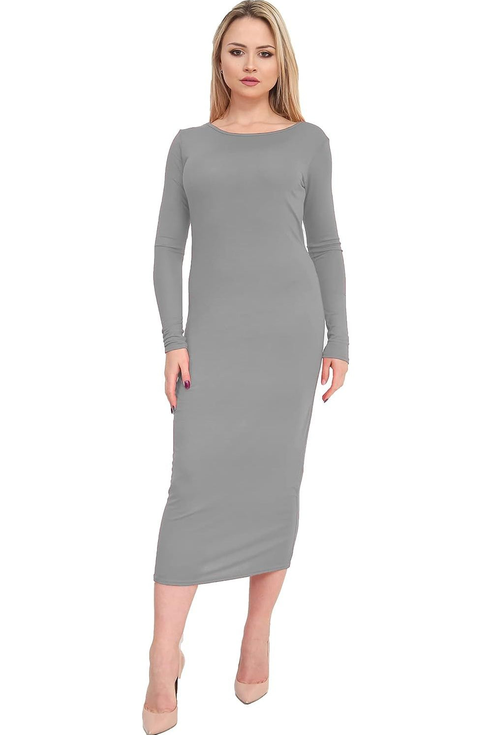 Bodycon Stretch Plain Midi Dress Dress WearAll Light Grey 8-10