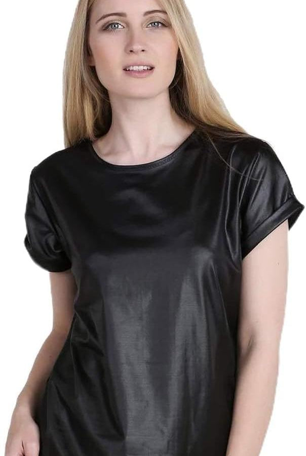 Plus Size Shiny Wet Look PVC T-Shirt Top Tops WearAll Black 16-18