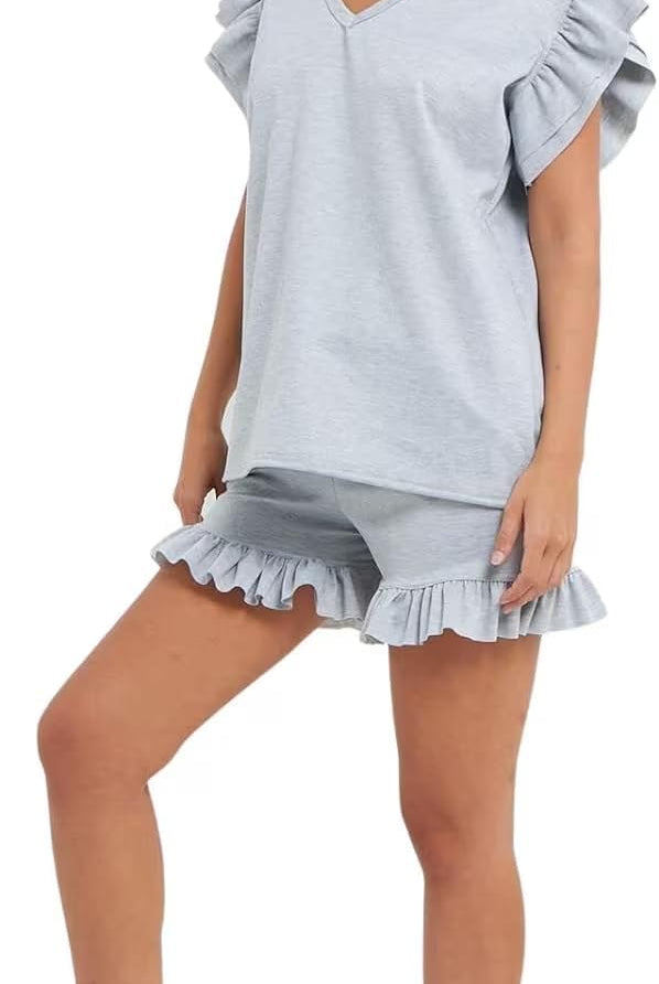 V Neck Frill Sleeved Shorts Lounge Set Co-Ord WearAll Grey 8-10