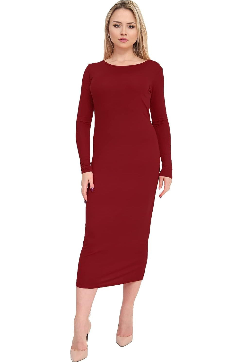 Bodycon Stretch Plain Midi Dress Dress WearAll Wine 8-10