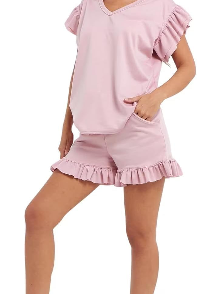 V Neck Frill Sleeved Shorts Lounge Set Co-Ord WearAll Pink 8-10