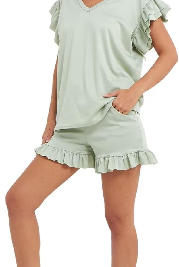 V Neck Frill Sleeved Shorts Lounge Set Co-Ord WearAll