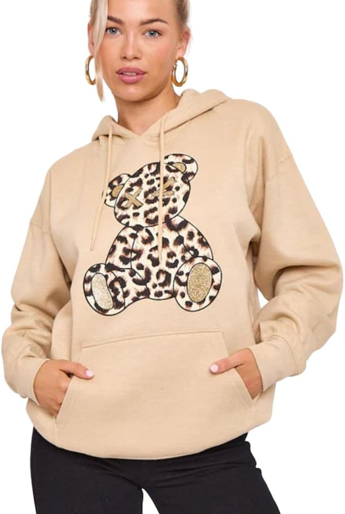 Bear Leopard Print Hoodie Sweatshirt Jumper WearAll Beige 8-10